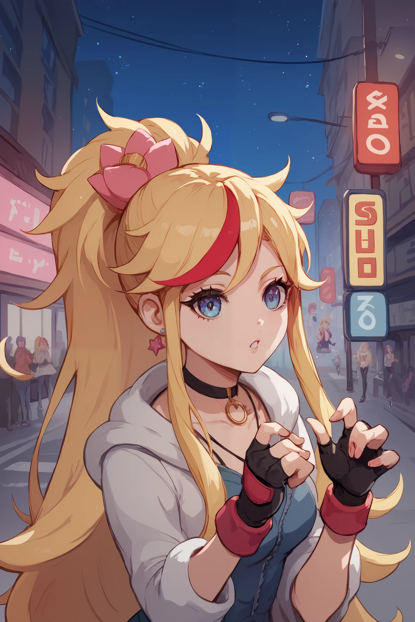 Anime art concept, anime, girl, long side bangs, long flowing ponytail, blonde with red highlights on hair, red stripes on hair, Y2K Revival outfit, thick eyelashes, Blusa baby tee, ultra detailed face, idol, mini saia plissada, presilhas no cabelo, botas brancas cano curto, gargantilha,  streets adornments, fingerless gloves, futuristic adornments, lovely, city streets, night, starry night, cute walk