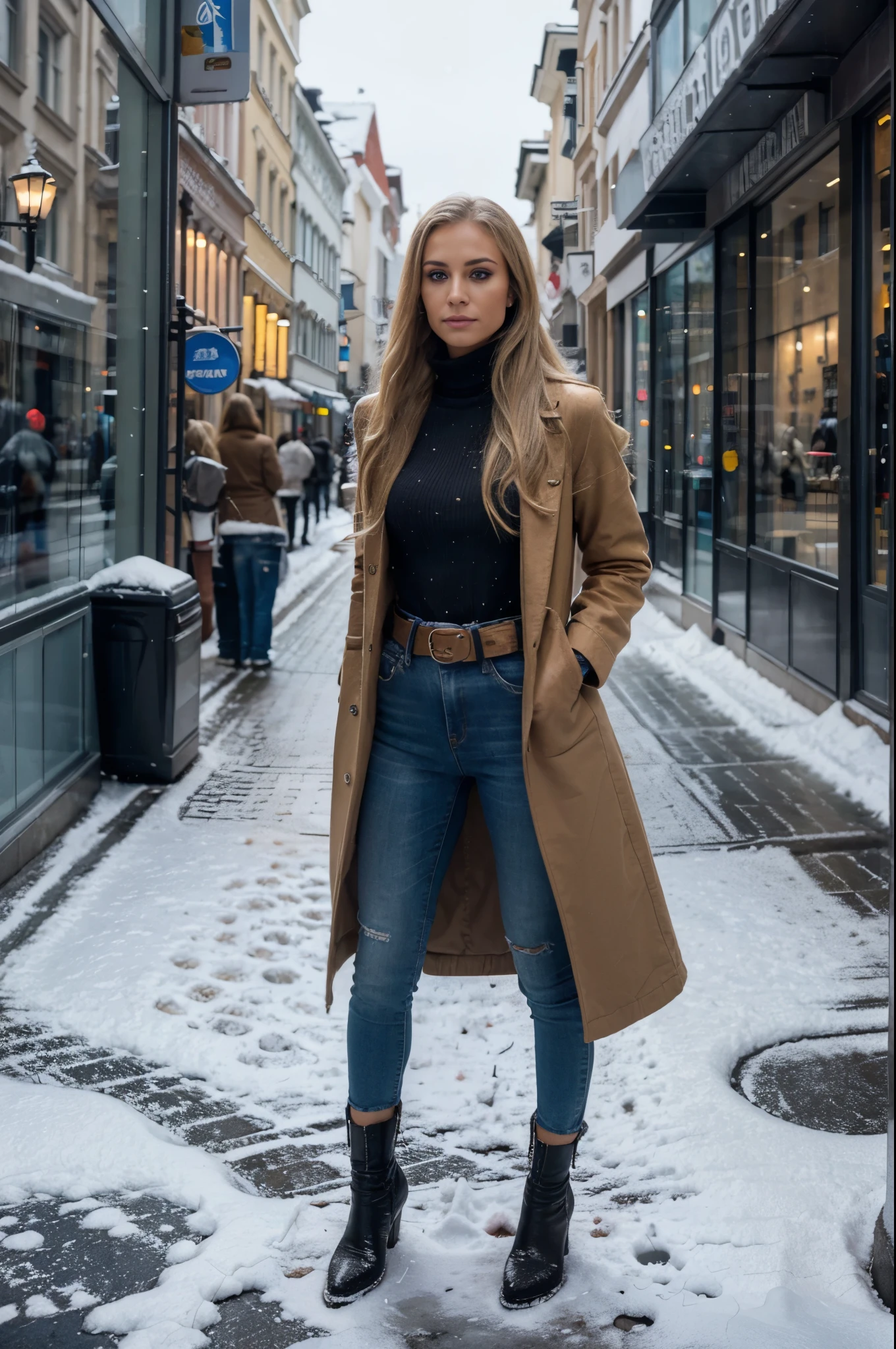 Hyper realistic and detailed photo of one tanned fit blonde hair girl, one girl, standing on Prague centre street, snowy night, perfect eyes, (Eye makeup:1.1), (highly detailed skin:1.1), RAW, analog style, sharp focus, 8k UHD, DSLR, high quality, Fujifilm XT3, grain, award winning, masterpiece, fully clothed, wearing coat,turtleneck and jeans with belt, black boots far