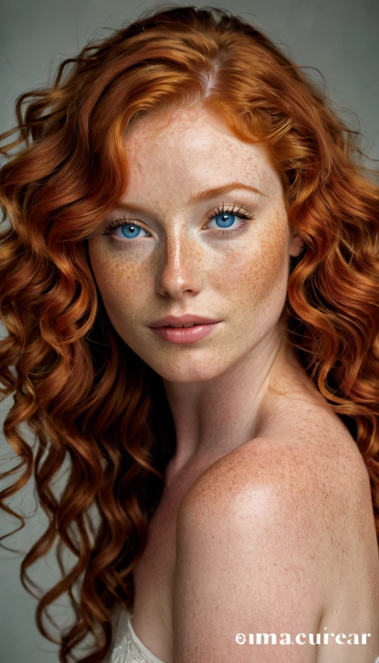 a close up of a woman with red hair and blue eyes, curly copper colored hair, curly red hair, ginger wavy hair, red hair and attractive features, flowing ginger hair, red curly hair, with curly red hair, red curled hair, beautiful redhead woman, red head, she is redhead, a redheaded young woman, redhead woman, ginger hair with freckles