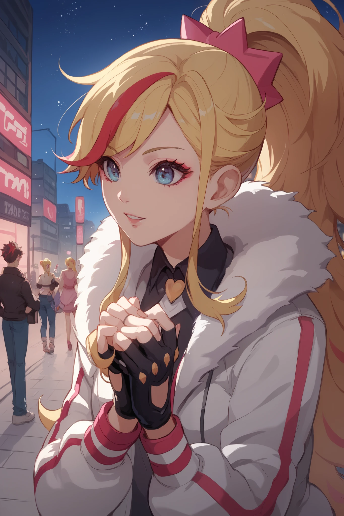 Anime art concept, anime, girl, long side bangs, long flowing ponytail, blonde with red highlights on hair, red stripes on hair, Y2K Revival outfit, thick eyelashes, Blusa baby tee, ultra detailed face, idol, mini saia plissada, presilhas no cabelo, botas brancas cano curto, gargantilha,  streets adornments, fingerless gloves, futuristic adornments, lovely, city streets, night, starry night, cute walk