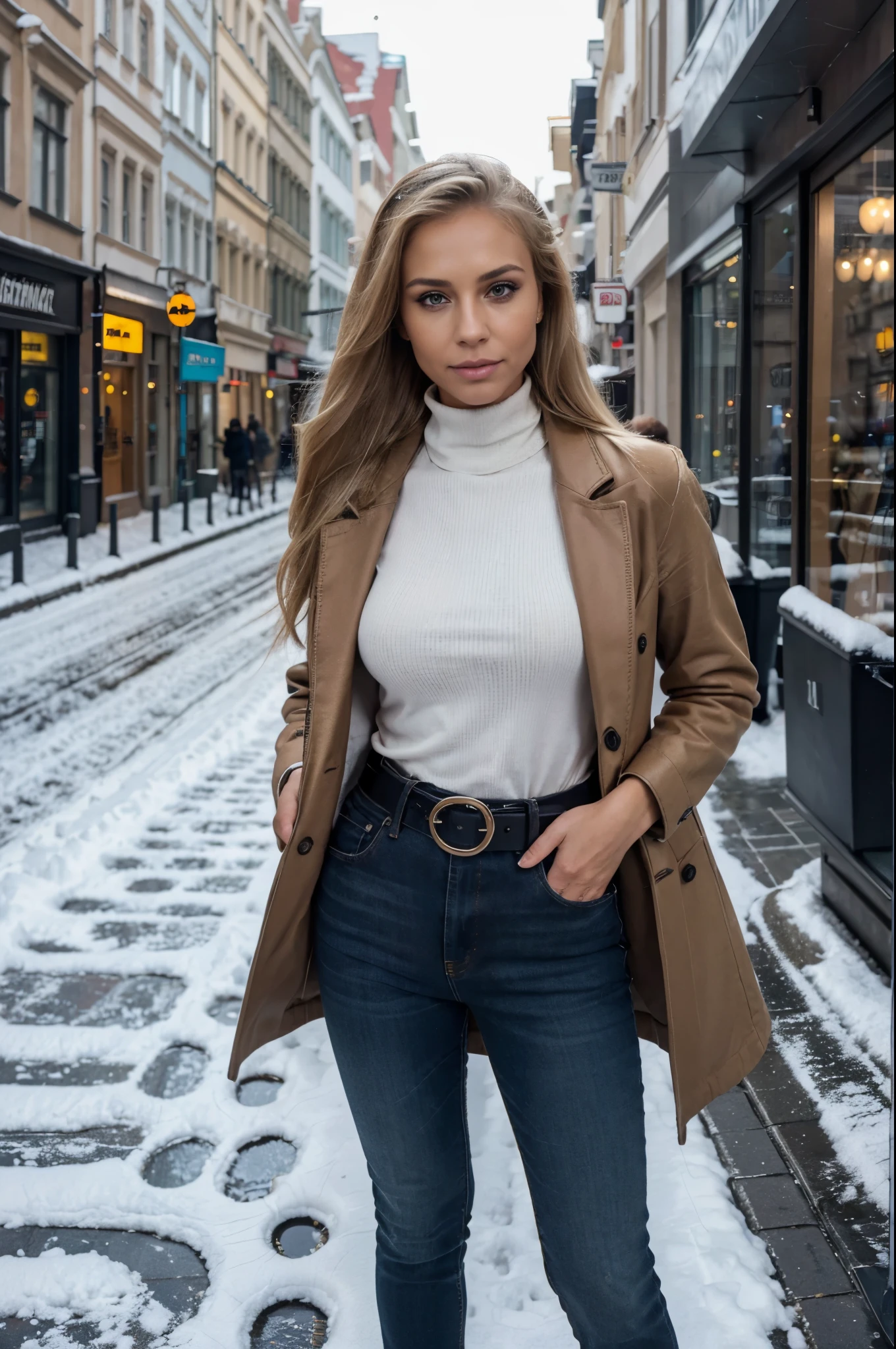 Hyper realistic and detailed photo of one tanned fit blonde hair girl, one girl, standing on Prague centre street, snowy night, perfect eyes, (Eye makeup:1.1), (highly detailed skin:1.1), RAW, analog style, sharp focus, 8k UHD, DSLR, high quality, Fujifilm XT3, grain, award winning, masterpiece, fully clothed, wearing coat,turtleneck and jeans with belt, black boots far