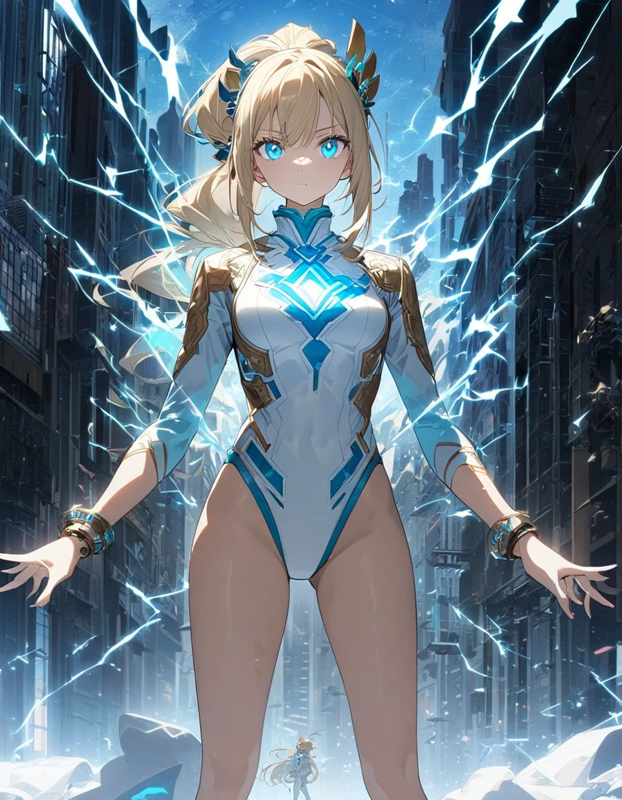 1girl, tall body, light blonde hair, aquamarine eyes, boots, breasts, bracelets, full body, hair ornament, (shoulder-length hair, ponytail), full body with costume, leotard, white leotard with blue accents, bare legs, white stockings, white boots, medium breasts, perfect hands, complete fingers, perfect anatomy, perfect proportions , solo, standing, superhero, (lighting logo on chest), beautiful detailed eyes, beautiful detailed face, age 18, full body zenkai! full body portrait, body infused with electricity, diffraction spikes, heroic, standing straight, hands on hip, cowboy shot, city backdrop