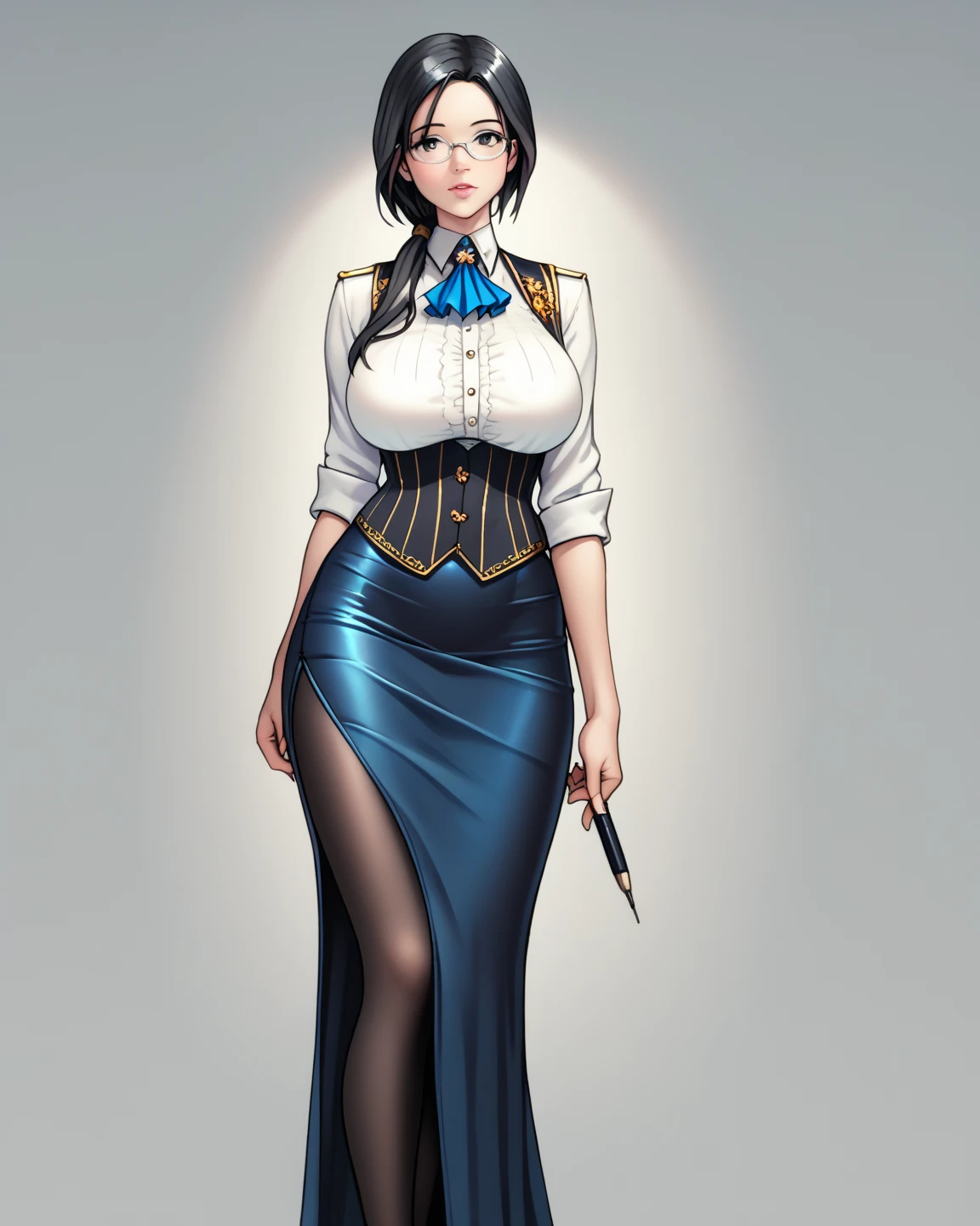  Masterpiece, 1 Guild Receptionist ,　pen and documents:1.5 ,((Guild Receptionist Uniform:1.4)), Corset Vest ,((Long tight skirt with slits :1.4)),,Silver glasses,(( Black Knee High Tights:1.2)),Height: 165cm, beautiful body line ,Big Breasts,(( hang a low ponytail with black hair over your shoulder:1.4)), black eyes,A woman with a beautiful and kind face, beautiful model standing, viewed from oblique front,((:1.4))