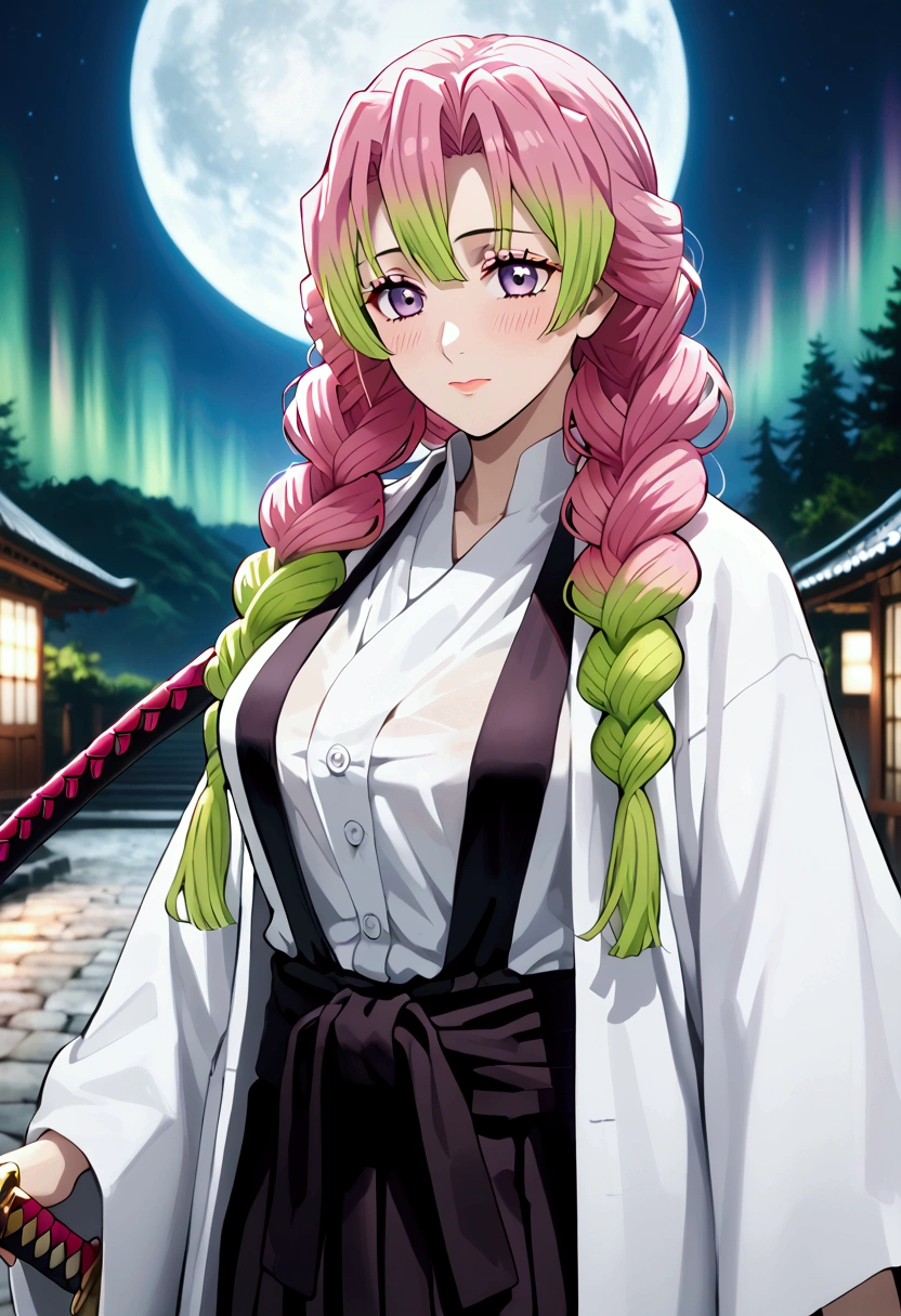 is_Aurora, 1 girl, Mitsuri Kanroji, Moon under the eye, mole, breasts, Alone,  pink hair,  multicolored hair , blush,green hair, Braid, ojos verdis,  long hair, gradient hair, twin Braids, large breasts, Bicolor fur,  Closed mouth ,  blurry background , katana, golpis, multiple Braids, outdoors
high body, high, long legs,  mature female , maduro, adult, Slingshot 