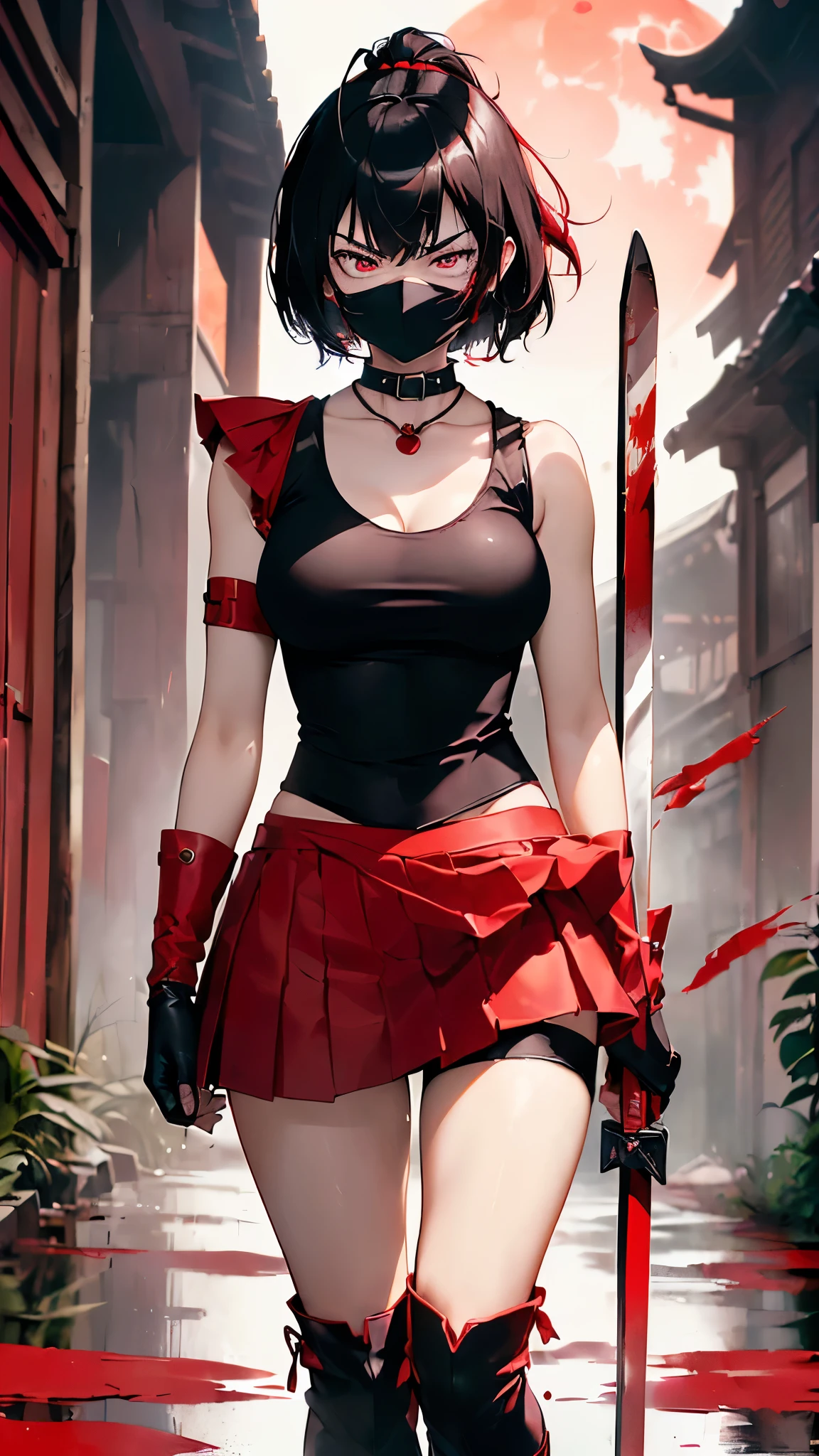 Kung Fu Master, Attention to detail, Realistic, Digital Art.female，cute，short hair，Gloves，Trained biceps，Bandage，bandage，Torn Skirt，Torn black tights，Black Hair，defeat，Sweat，Headband，Wound on arm，Scars on face，Torn clothes，wound on leg，Blood stains on the body，Painful expression，Disheveled Hair，Blood from the head，Tattered clothes，Aza on the face，Dirty body，Muddy body