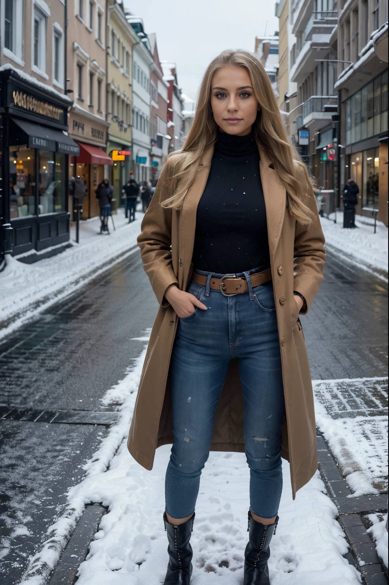 Hyper realistic and detailed photo of one tanned fit blonde hair girl, one girl, standing on Prague centre street, snowy night, perfect eyes, (Eye makeup:1.1), (highly detailed skin:1.1), RAW, analog style, sharp focus, 8k UHD, DSLR, high quality, Fujifilm XT3, grain, award winning, masterpiece, fully clothed, wearing coat,turtleneck and jeans with belt, black boots far