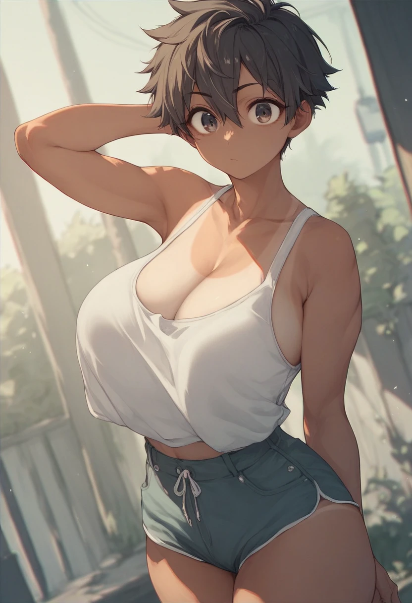 1girl, short hair、 tomboy、Big Breasts、 big eyes、 boyish、Shorter clothing、tanline　curvy、dutch angle、zettai ryouiki,