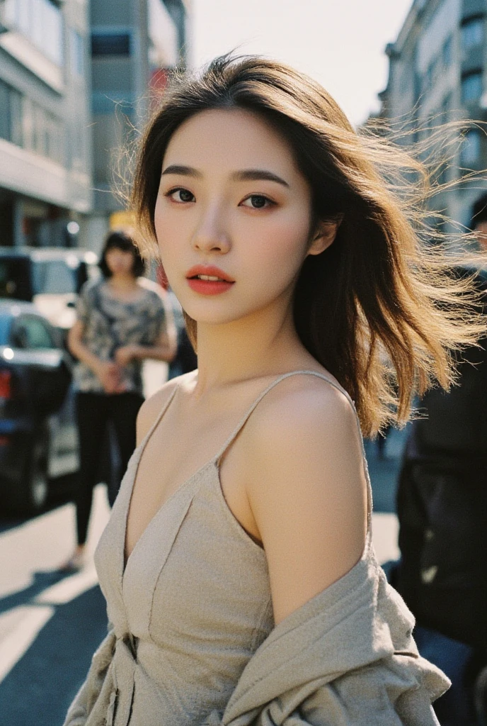 Woman poses seductively street corner, top quality, high resolution, 8k, girl alone, slightly chubby body, outdoor, (street: 0.8), (people, crowd: 1), sleeveless dress, pink white dress: 1.5), gorgeous, (medium hair), (dynamic pose: 0.8), (upper body: 1.2), soft lighting, wind, shiny skin, gaze,