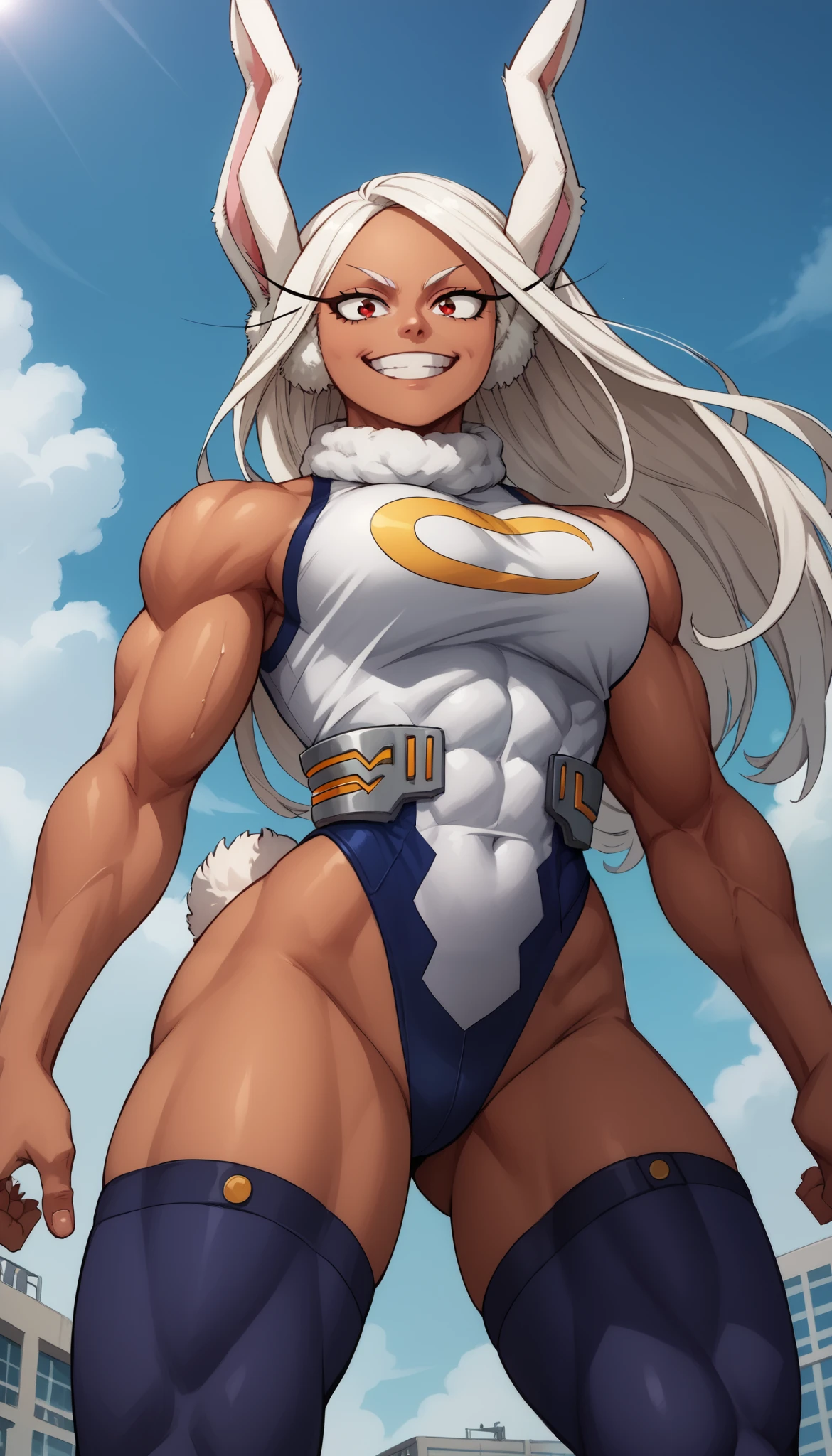 score_9, score_8_above, score_7_above, source_anime, from below, Alone, 1 , Rumi Usagiyama, long hair, animal ears, white hair, dark skin, Orelhas de rabbit , dark-skinned female, Muscular, rabbit, muscular female, Red eyes, fringe parted,thighhighs, Shez-M , sleeveless, White Shezfe , leotard, high neck t-shirt , perna alta, perna alta leotard, fur collar, sleeveless high neck t-shirt , high neck t-shirt leotard, sleeveless high neck t-shirt leotard, crescent print,smile, Dynamic pose