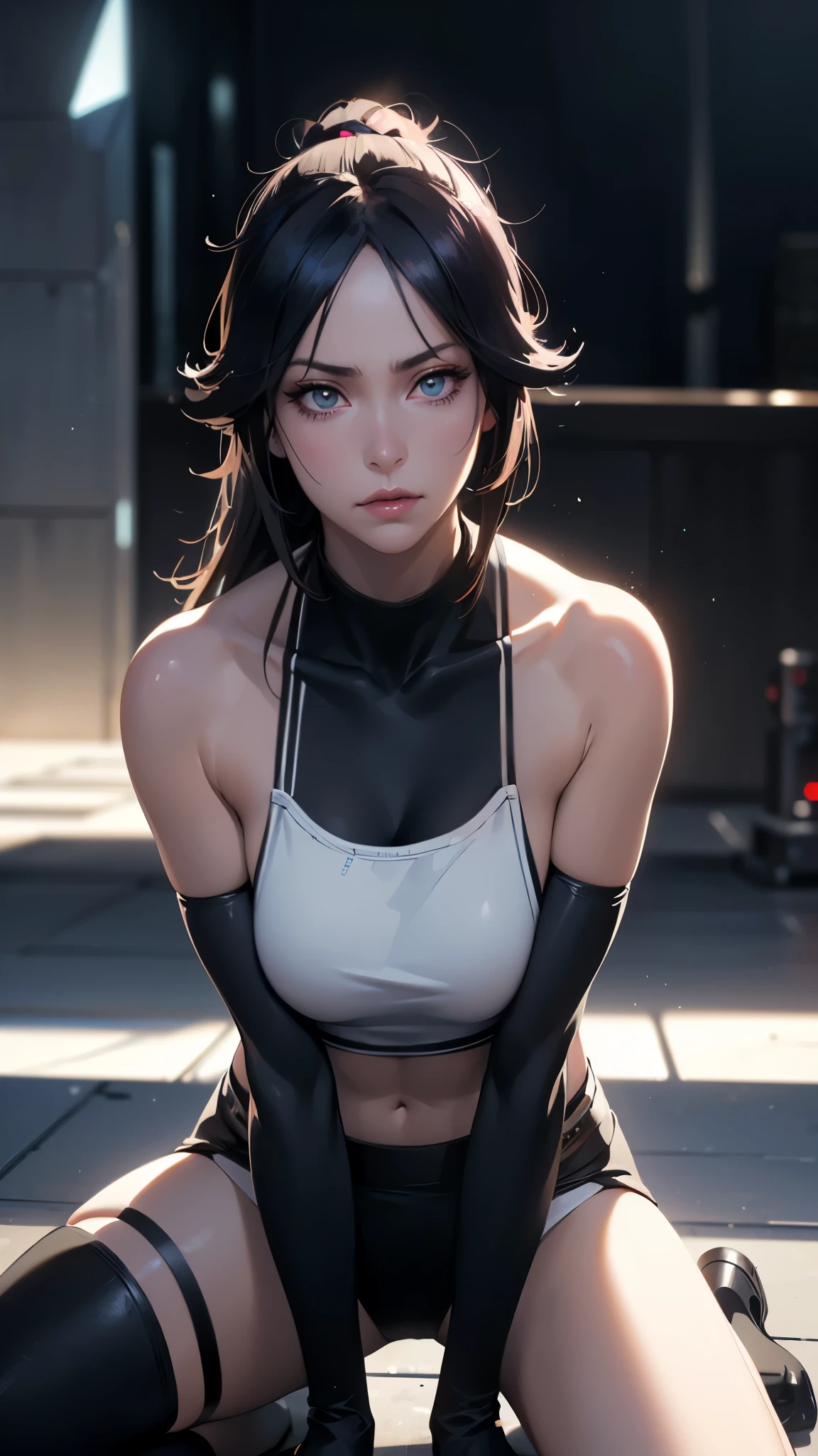 8K,younger sister,so beautiful(Like the real thing),Toned, muscular body,sexy,clear narrow eyes,black eye,Cool smile,Blue combat jacket,Black Shirt,Black combat pants,short,Compensate,Ultra-Realistic Skin,compensate,masterpiece,Photorealistic RAW photos of the highest quality。Bright colors,Rich colors, Backlight, Cinema Lighting, Film Grain, 50mm lens, Nikon D850,Detailed character art,Fantasy art,Ultra-high resolution,Ultra-Realistic Skin,完璧なhandの形,In front of the abandoned temple,Beautiful expression,close,Very small breasts,Muscular Beauty,Dynamic fighting pose,ponytail,hand,