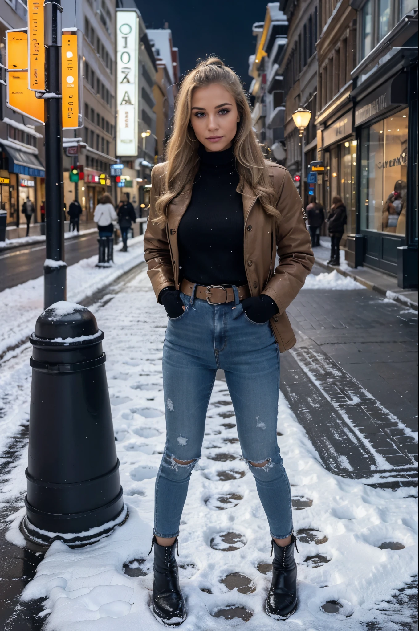 Hyper realistic and detailed photo of one tanned fit blonde hair girl, one girl, standing on Prague centre street, snowy night, perfect eyes, (Eye makeup:1.1), (highly detailed skin:1.1), RAW, analog style, sharp focus, 8k UHD, DSLR, high quality, Fujifilm XT3, grain, award winning, masterpiece, fully clothed, cute winter jacket and jeans with belt, black boots far