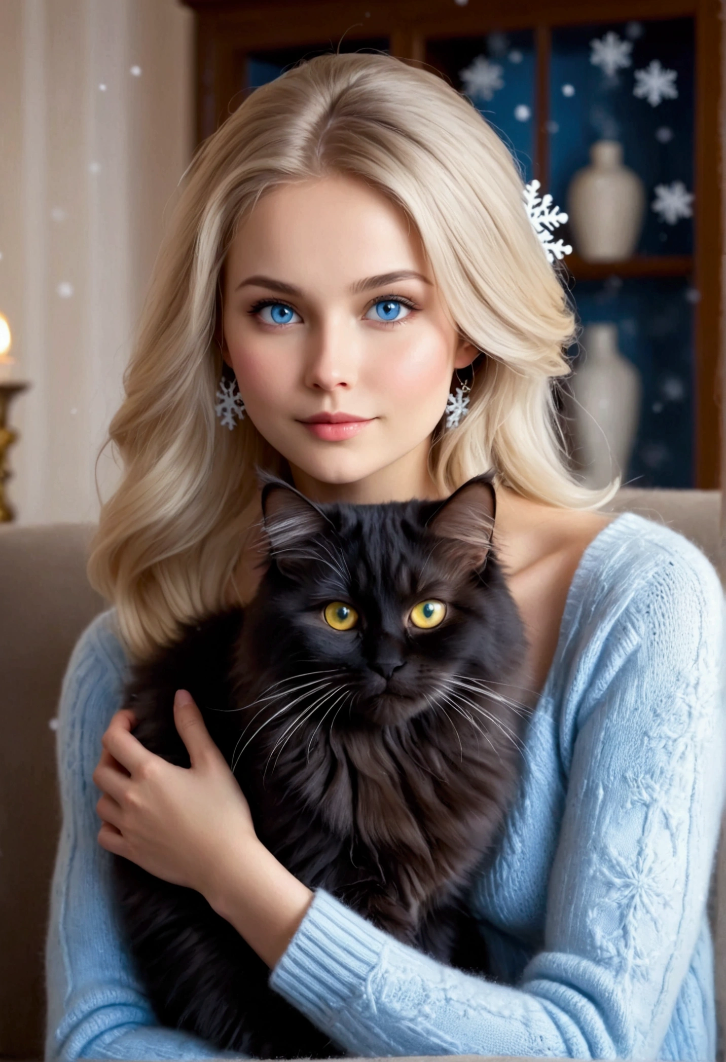   girl 30 years old  .   A blonde with ash-colored hair ,   long hair to the shoulder blades  . European / Russian face type  .   Blue Detailed live eyes  , neat nose, cheekbones,   under the snow and slightly plump lips  . sitting on a light sofa.  Dressed in a blue knitted sweater with  snow flakes ,   Clear Detail  ,  white leggings ,   on her legs cozy soft white fluffy slippers . holds in his arms,  hugging,   of a fluffy black Siberian cat with yellow lively detailed eyes and a fluffy tail m.   The cat radiates calm  . This&#39;winter outside  ,   snow   , ели под   snow  ом 