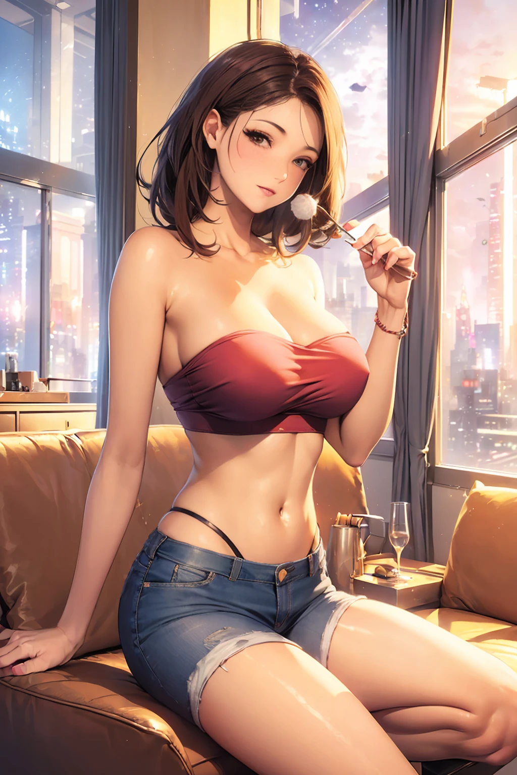 (Masterpiece), (HD), (High Resolution), (Best quality and very detailed), (Perfect Anatomy), (Fantasy Genre), (Anime style), (Highest resolution and Quality), (character alone, solo)
{{(1character:60years old lady milf citizen:(Brown Fluffy-long-hair, fair skin, Brown eyes, absolute beauty and feminity, mature, nice figure, big breasts, huge butt, beautiful hips, beautiful legs, beautiful arms, open smile full of sweetness and love),(short jeans, grey boots, green and red tanktop, golden chest-ribbon),(she's cheerful and lively, sweet and carefree, very inteligent genius),(running calmly, cheerful, lively and funny),(modern office building, several glass windows with morning sunrays outside, blue building office floor, several people around)))}}