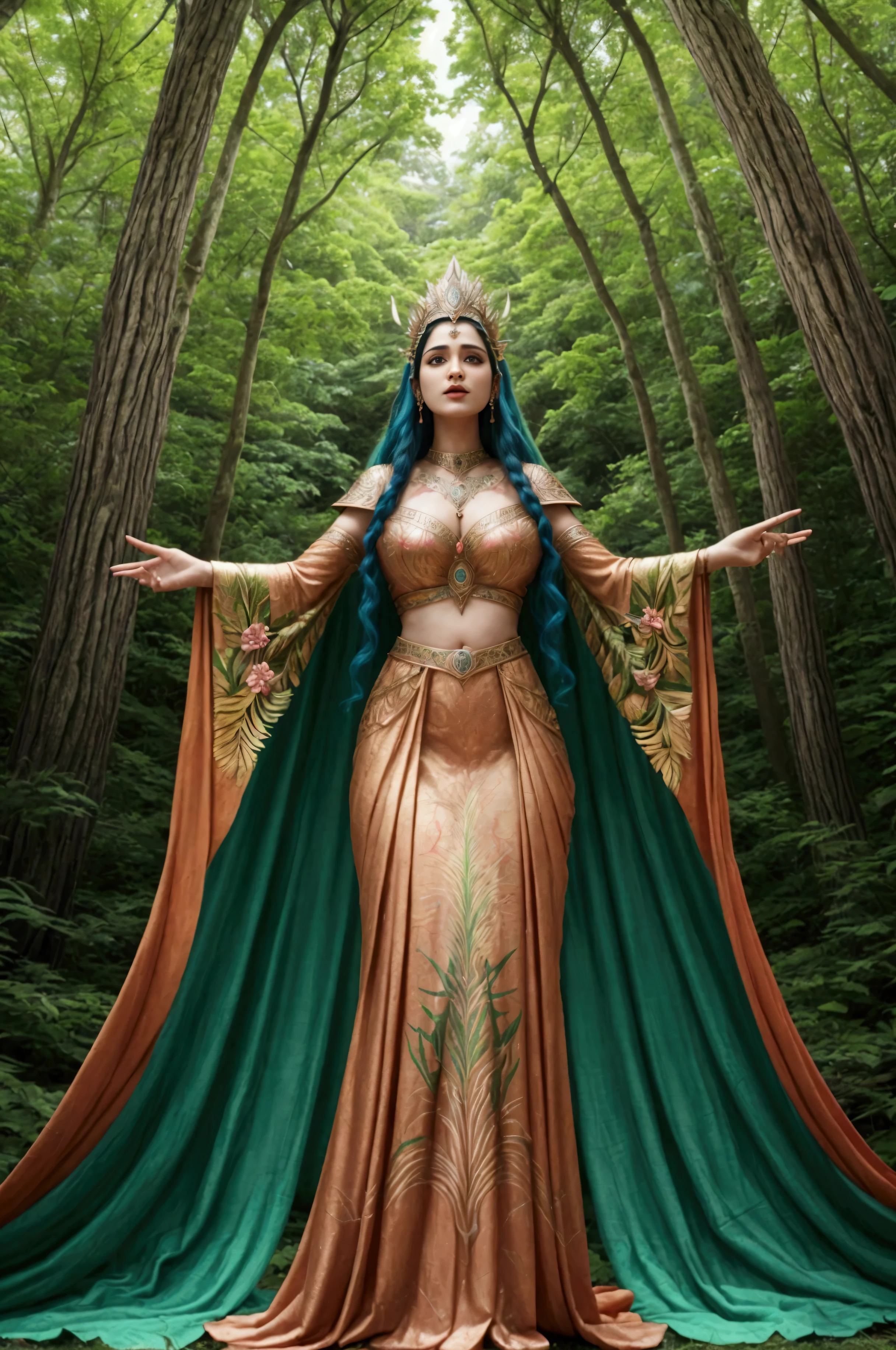 a dark sect in the forest, with a goddess with a diamond crown and fiery eyes levitating, green clothes with gold gilt