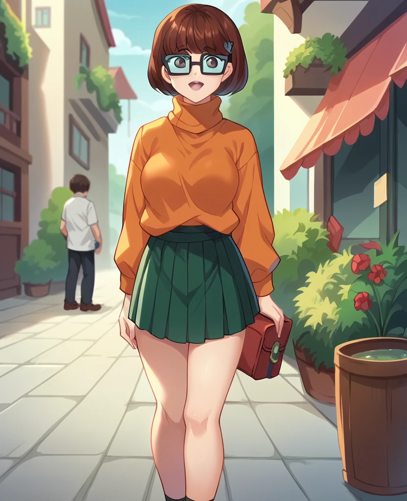  ,  anime_screencap, anime_coloring, anime style, score_9, score_8_up, score_7_up, score_6, female focus, velma, big breast, low dress