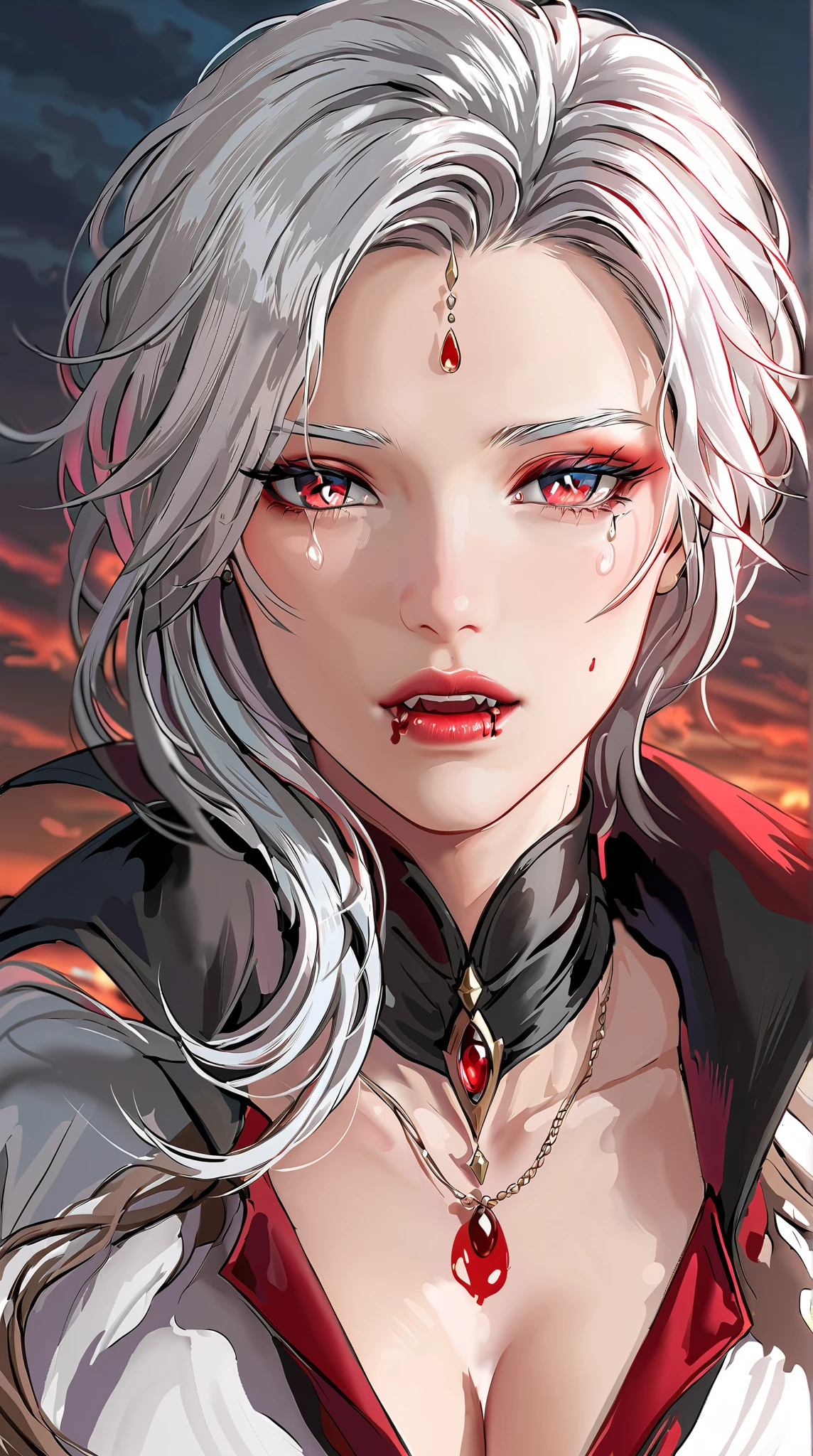  a portrait of a vampire with a bloody tear,  running out of his eye ,  an exotically beautiful vampire , ((white hair color: 1.3)),  dynamic hairstyle ,  ultra detailed face ,  best detailed face shot , Silver eye color , (( 1 single red tear : 1.3)), (( tear of blood )), (( tear comes out of the eye : 1.3)),  there is a blue stripe in her hair , vampierzähne, small neckline,  wears two black diamond earrings ,  ultra high resolution, High contrast, ( masterpiece:1.5),  Highest quality , best aesthetics),  16K fantasy art , best details,  best quality ,  highres icon, (Ultraweitwinkel: 1.2), 16k, [ultra detailed],  masterpiece,  best quality , ( extremely detailed ), Subscribe,  magical sky , crying style , vampierzähne