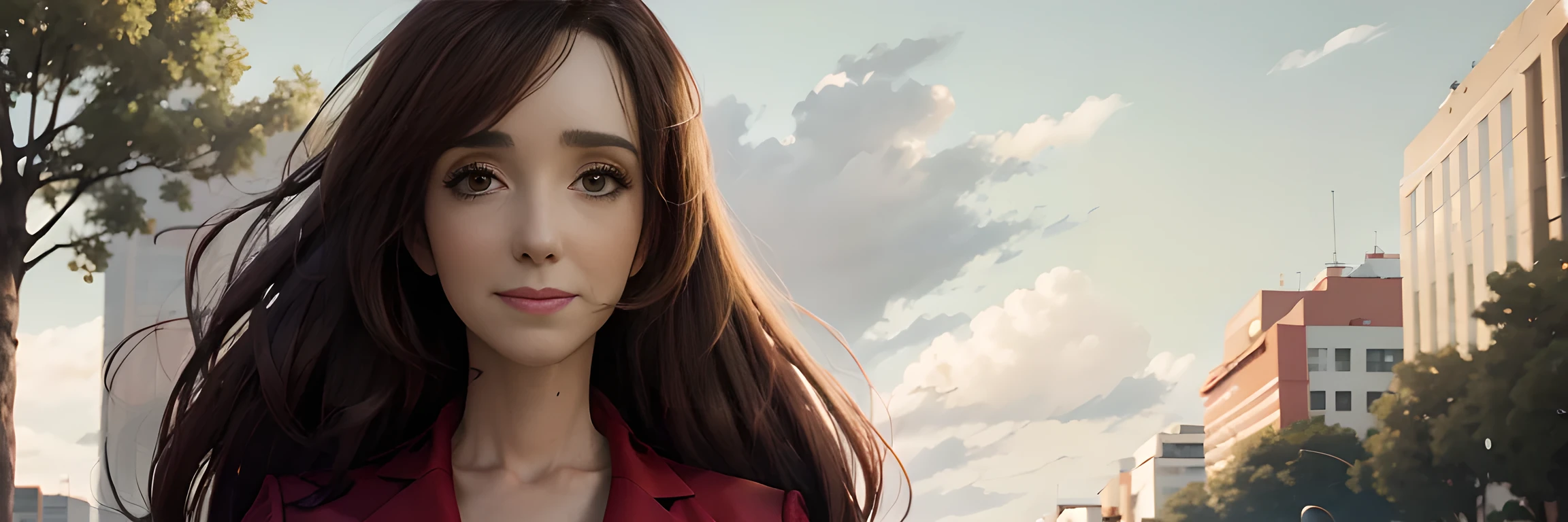 8K,  Best Quality , Victoria Villarruel dressed in a scarlet red suit as a lawyer,  Detailed face, smooth face,  long dark brown hair, slender with wide hips ,  warm smiling expression . outdoors,  plaza with green trees in the city of Buenos Aires,  clouds in the sky in the background, Rays of sunlight