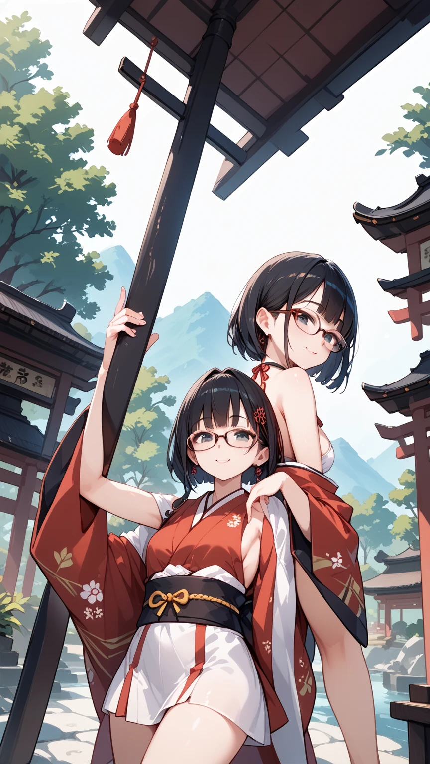 Black hair, glasses, Japanese shrine, worship