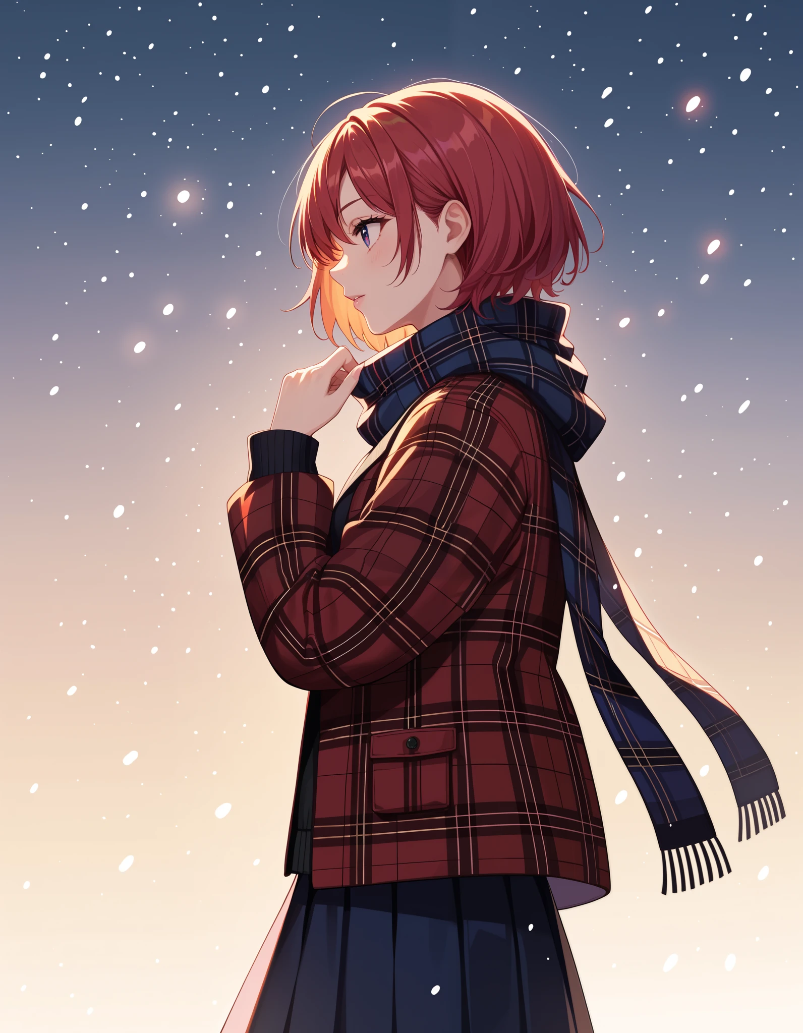 colorful, 1girl, jacket, long sleeves, plaid, plaid jacket, profile, scarf, silhouette, sleeves past wrists, snowing, short hair, hand up, red theme, skirt, solo, looking afar, from side, masterpiece, best quality, newest, very awa