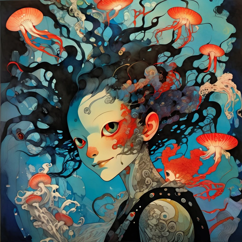 (vibrant cyberpunk-hued colors:1.4), dark and moody, (Victo Ngai inspired head and shoulders shot, ink wash, toon rendering of a beautiful Costa Rican woman smiling, colorful background with orchids and jellyfish) by Anita Bathe, Phil Lashio, Seymour Buttz, Wilma Dickfit, epic clouds, Unreal Engine, octane rendering, high quality, high resolution, high precision, realistic, color correction, good lighting settings, low noise, sharp edges, harmonious composition, award-winning work, surrealism, dark art by james jean and takato yamamoto