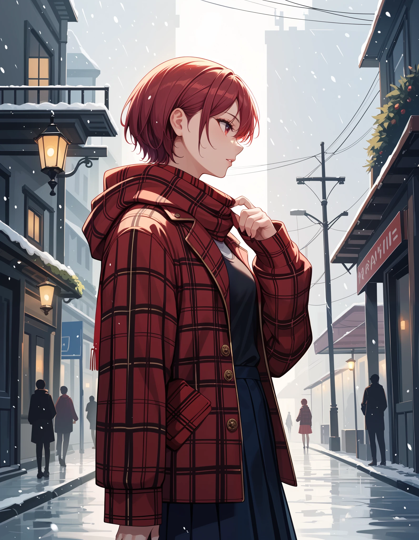 colorful, 1girl, jacket, long sleeves, plaid, plaid jacket, profile, scarf, silhouette, sleeves past wrists, snowing, short hair, hand up, red theme, skirt, solo, looking afar, from side, masterpiece, best quality, newest, very awa