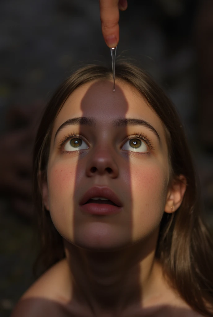 a beautiful girl, kneeling in front of the viewer, huge shadow of a penis over her face, she gazes up at the penis in awe, detailed facial features, photorealistic, dramatic lighting, high quality, 8k, hyper detailed, masterpiece.