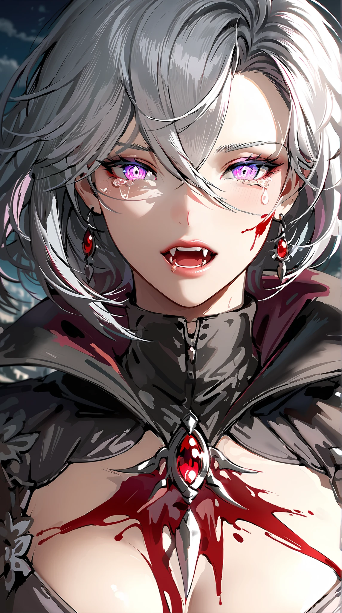 (best quality,high resolution:1.2), Super detailed, actual:1.37, A mature and beautiful lady wearing a black robe,sweat,red face, lace lingerie, show an indifferent expression, close up of her breasts, white hair, red eyes, and exposed her underwear, The focus is on her plump breasts,Accentuate Chest,chest focus, Mature and sexy,spades tattoo.