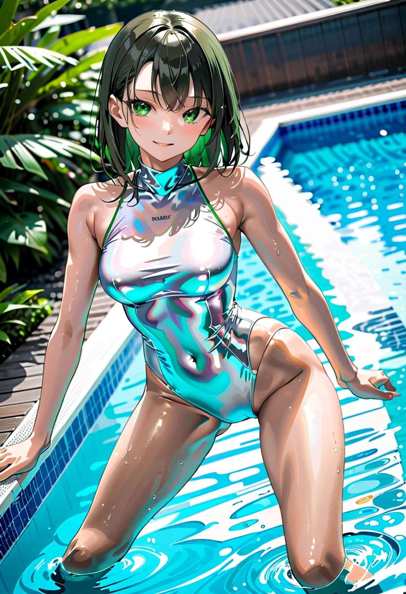 1girl, solo, breasts, short hair, black hair, navel, swimsuit, indoors, black eyes, one-piece swimsuit, plant, potted plant