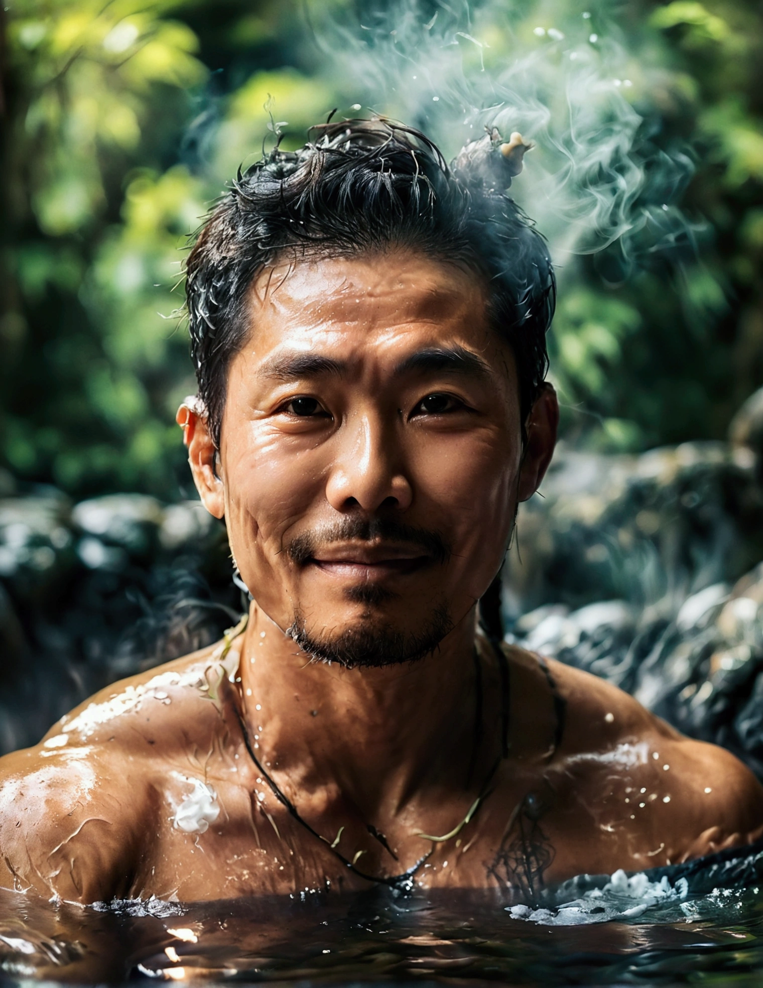 a stocky muscular middle-aged asian (japanese) man with short hair, thick moustache, hairy chest and body, sitting in a traditional japanese hot spring onsen, steam and smoke in the background, creepy akigahara forest, charming smile, glistening sweat on body