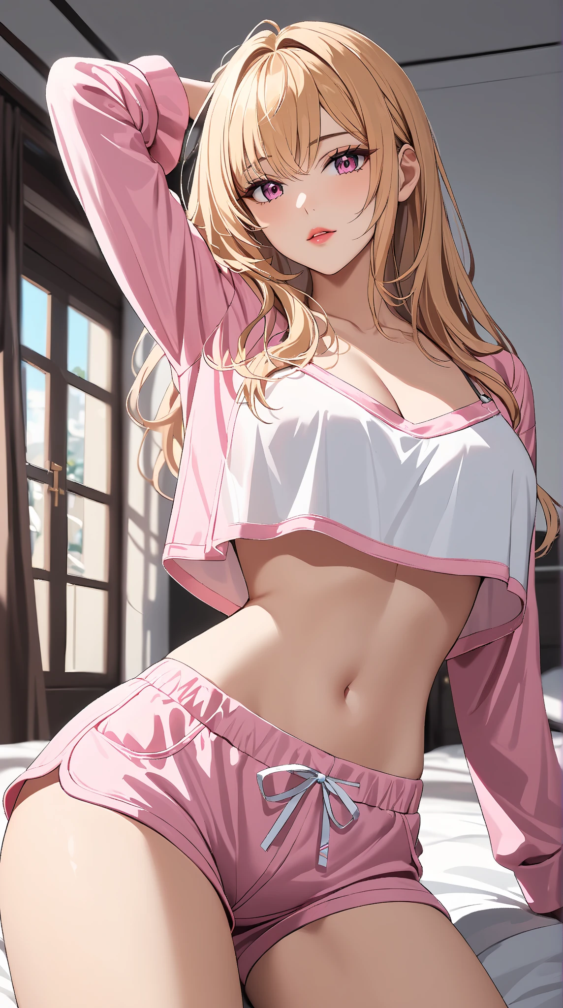  Highest quality 　 masterpiece　 high resolution　 masterpiece, blonde messy hair, Center parted hair 　pink gleaming Eyes, seductive lips, Neckerchen ,  big chest , long sleeve pajamas, bedroom, the image, gleaming,  beautiful , crop top overhang,  hand behind her head , Delfin-Shorts, a, View from below,  slim body  , Six-pack, sexy,  is lying on the bed ,