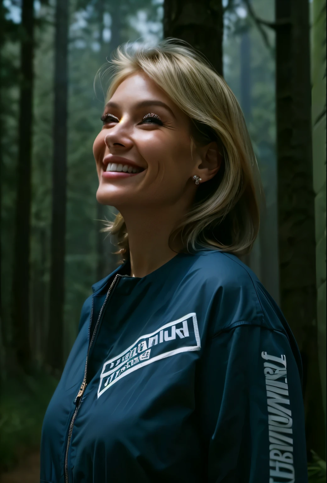 hannahferguson a beautiful woman, in a (ruin), in the woods, wearing a (t-shirt:1.1), (thunderstorm:1.2), (8k, best quality, depth of field, ultra high res:1.2),