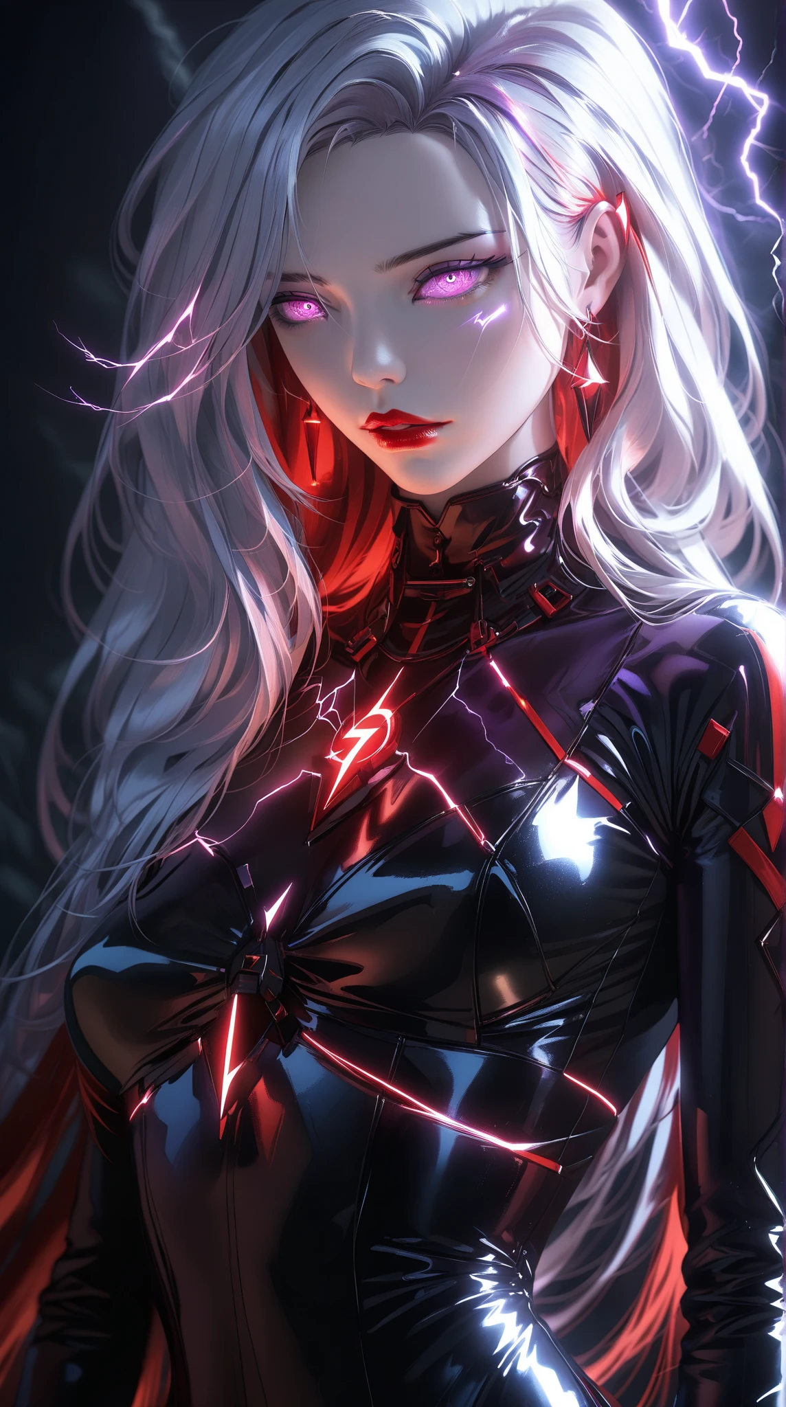 a close up of a woman in a black top and red laser lights, bright aura, bright aura white light, badass anime 8 k, bright and cinematic lighting, anime style 4 k, emitting bright red aura, glowing, white aura, cyberpunk anime girl, female cyberpunk anime girl, anime cyberpunk art, alena aenami and artgerm