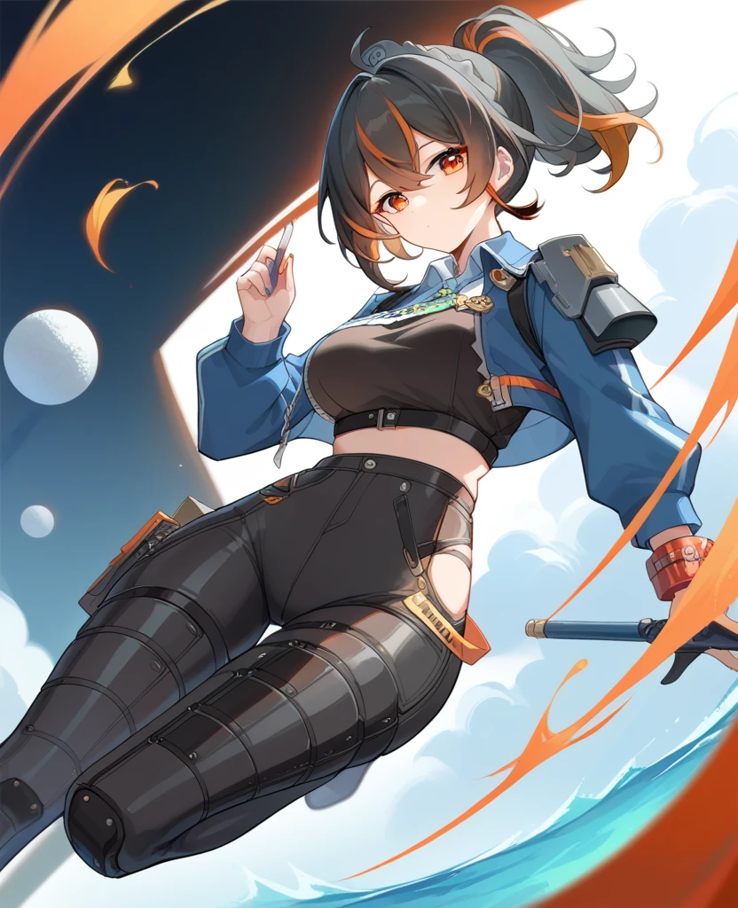  score_9, score_8, score_7,  official art, anime_coloring, source_anime, Zhu Yuan, short ponytail, black hair, orange streaks, big breast, highleg panties