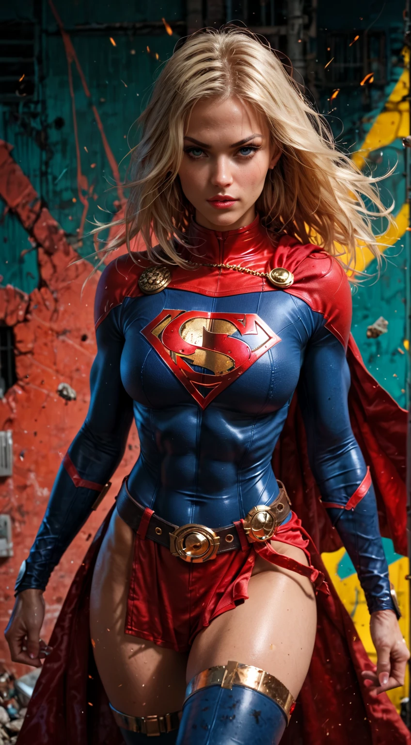 Supergirl , perfect costume, brilliant blue eyes, perfect body, red cape, smooth curves, beautiful face , seductive blond hair 