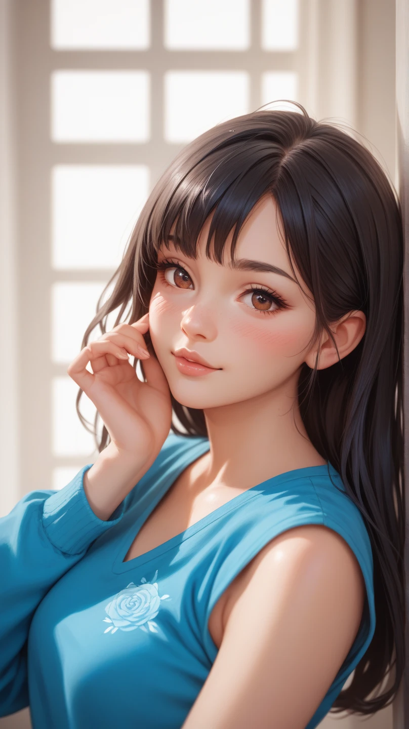 High quality fingers, normal hands, detailed fingers, masterpiece, (realistic, photo-realistic: 1.37), (22-year-old woman), Hinata Hyuga, medium chest, small waist, dark blue hair, white eyes, beautiful face, perfect lighting, beautiful detailed eyes, looking at the viewer, incredibly beautiful woman, detailed hairstyle, detailed background, shorts, detailed fantasy background, (sweat: 1)