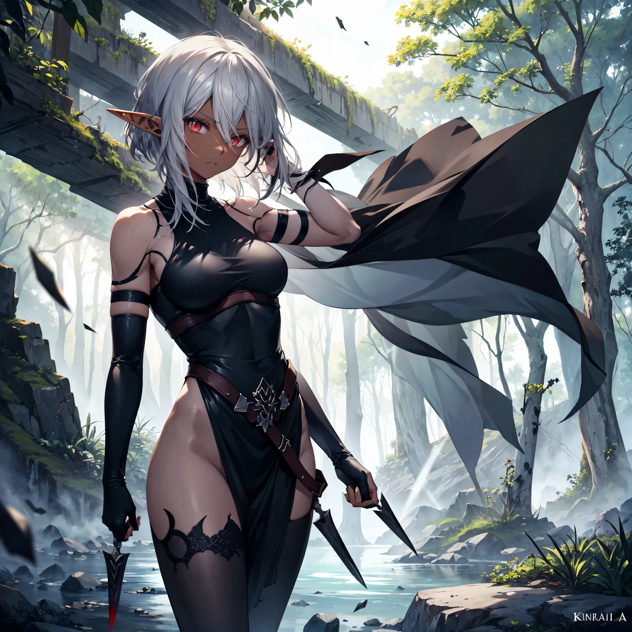 masterpiece, best quality, highly detailed, digital art, character design, full body shot, (single female elf assassin:1.4), ((dark skin tone:1.3)), (dark red eyes:1.2), ((short dark ash hair:1.3)), hair ornament, long eyelashes, (small pointy ears:1.2), lean muscular build, (delicate facial features:1.2), (serious expression:1.2), (lightweight dark outfit:1.3), short sleeves, fingerless gloves, arm bracers, earthy color palette, nature inspired details, (subtle glow from skin:1.1), (fractured/crystalline textures:1.3), outdoor forest scenery, scattered dead leaves, dramatic lighting, (throwing knives:1.2), (kunai shuriken:1.2), (throwing needles:1.2), perfect human anatomy, symmetrical body, well-proportioned limbs