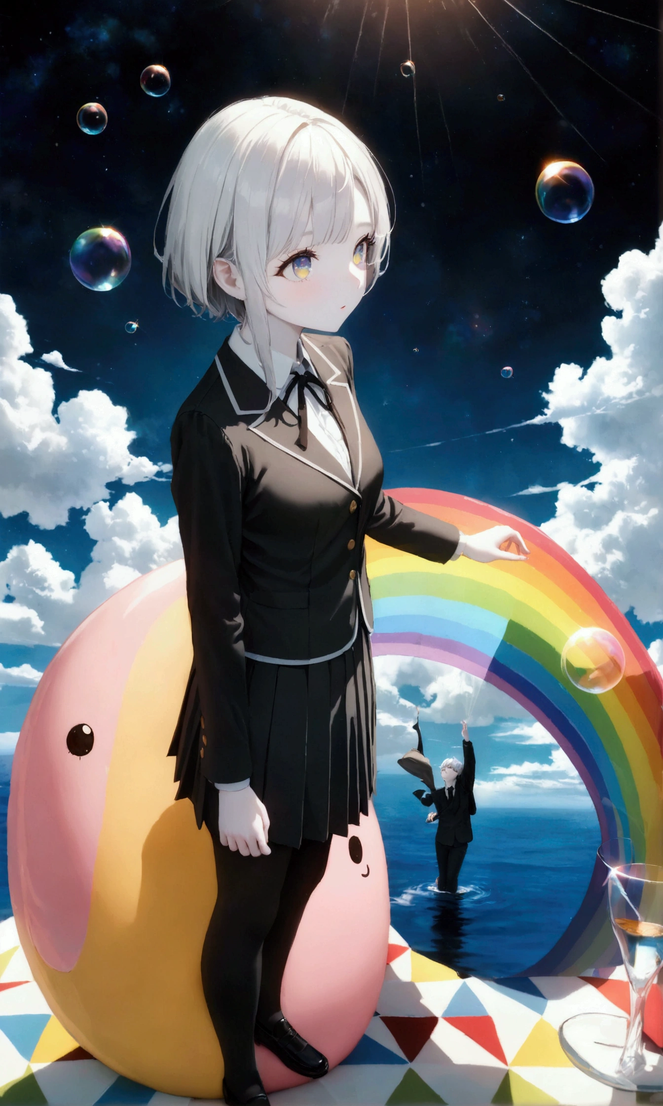 (woman\(student, 20 years old, ＪＫ, Her short silver hair sways, Space-colored eyes, Black school uniform,  pale skin)  Looking up at the sky), ( large glass-colored whale in a clear black suit is swimming through the air), Beautiful sky,  Beautiful Clouds ,  colorful summer flowers blooming ., ( transparent bubbles shining like a rainbow here and there), There is a noon moon in the sky and a daytime star , It's a crowded downtown , break ,quality\(8k,非常に精細なCGユニットの wallpaper, masterpiece, high definition ,top-quality,top-quality real texture skin, surreal,  If you have a large footprint, the resolution will increase, RAW photo,最高quality, very detailed, wallpaper, movie lighting,[ ray tracing,Golden Ratio\),(Long Hit), Wide Shot ,