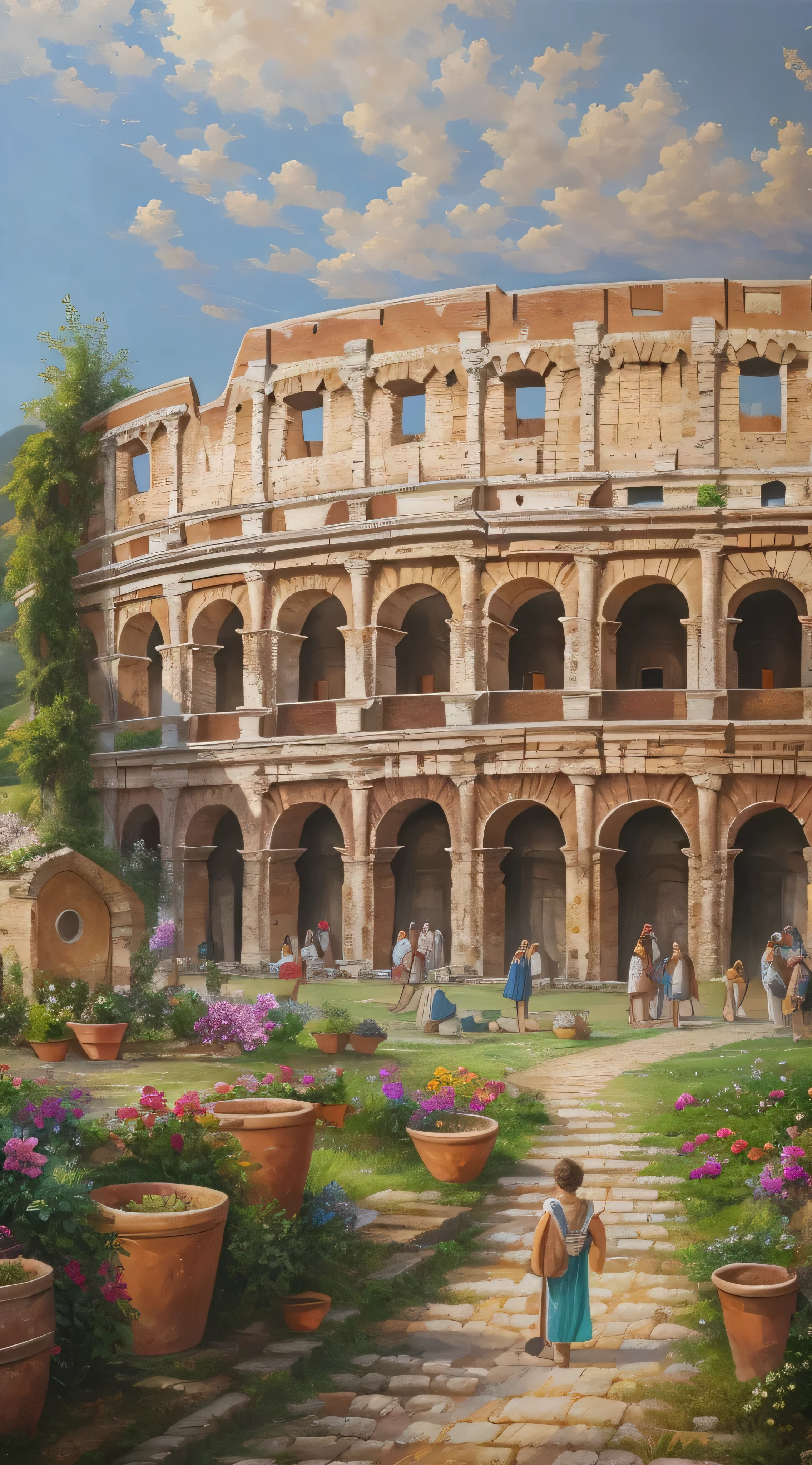 With high definition images,beautiful oil painting village, Villa Bella,  Italy, Colosseum