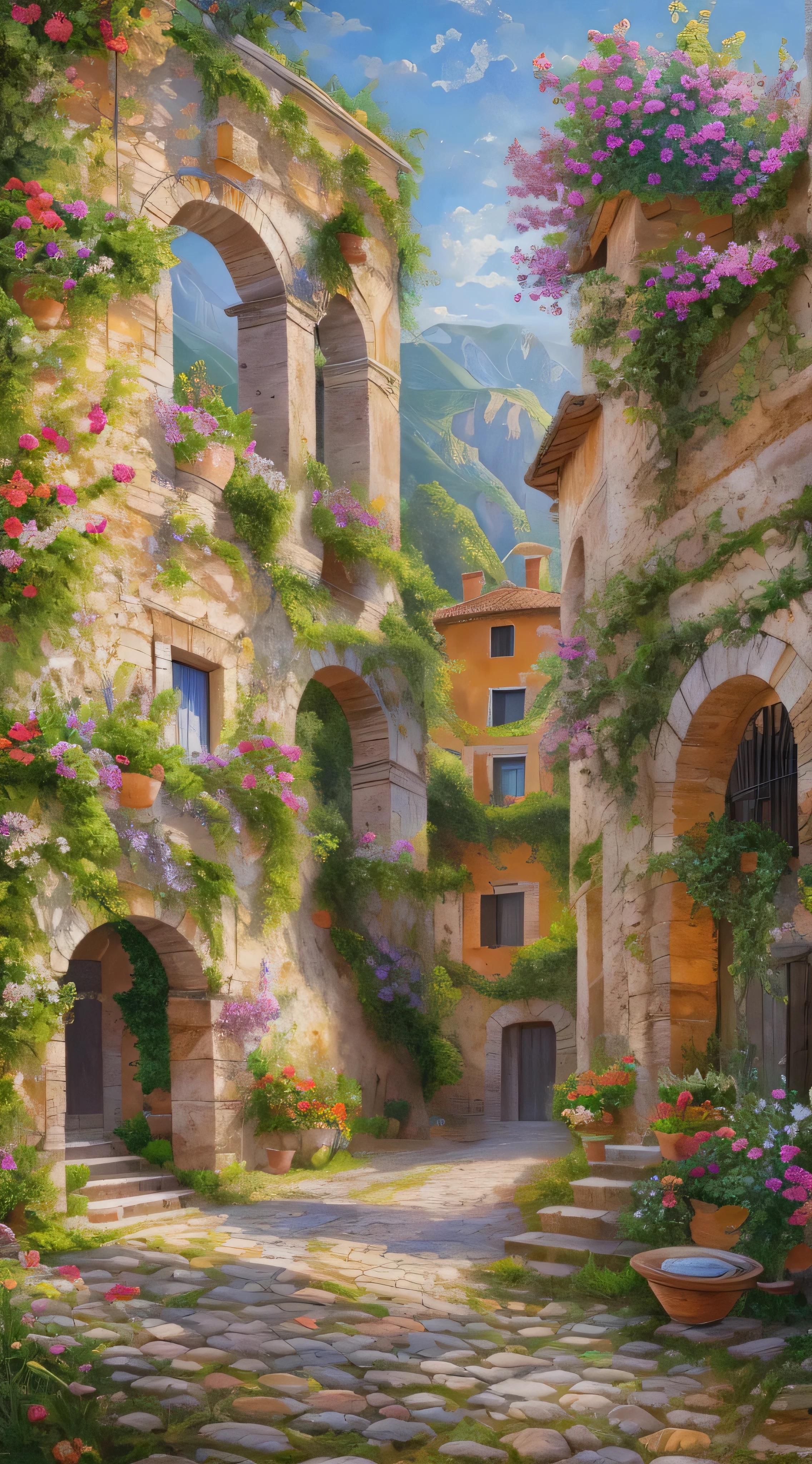 With high definition images,beautiful oil painting village, Villa Bella,  Italy, Colosseum