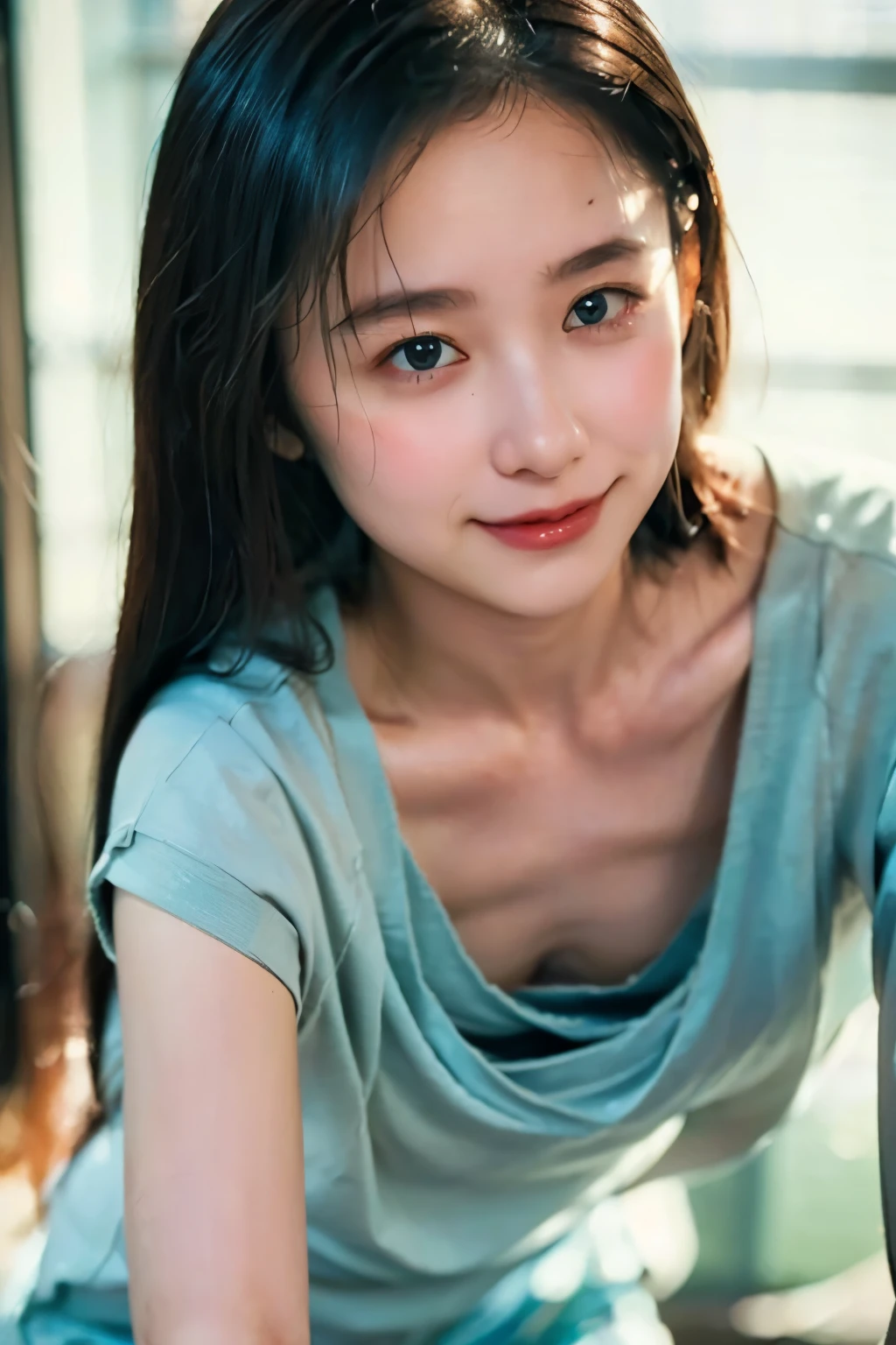 ((Highest quality, 8k, masterpiece :1.3)), Sharp focus :1.2, Beautiful mature woman, 24-years-old, ((Spacious T-shirt)), Exposed nipples, ((Leaning forward)), (Small breasts), (smile:1.15), Highly detailed face and skin texture, Detailed eyes, office