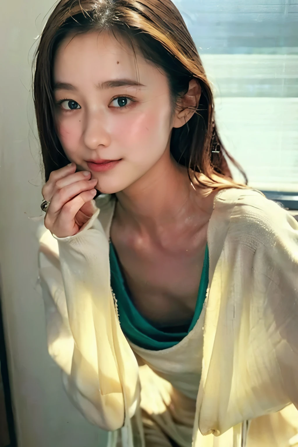 ((Highest quality, 8k, masterpiece :1.3)), Sharp focus :1.2, Beautiful mature woman, 24-years-old, ((Spacious T-shirt)), Exposed nipples, ((Leaning forward)), (Small breasts), (smile:1.15), Highly detailed face and skin texture, Detailed eyes,  office