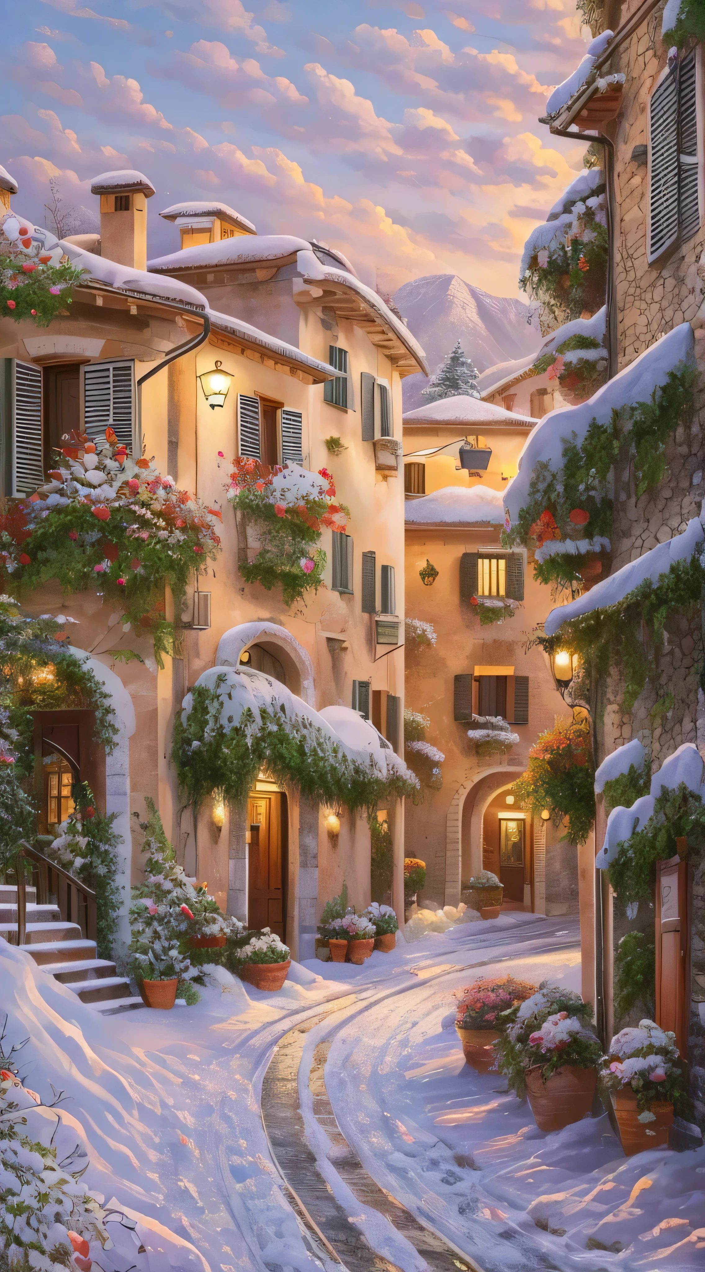 With high definition images，beautiful oil painting village, Villa Bella,  Italy, Milan in winter。