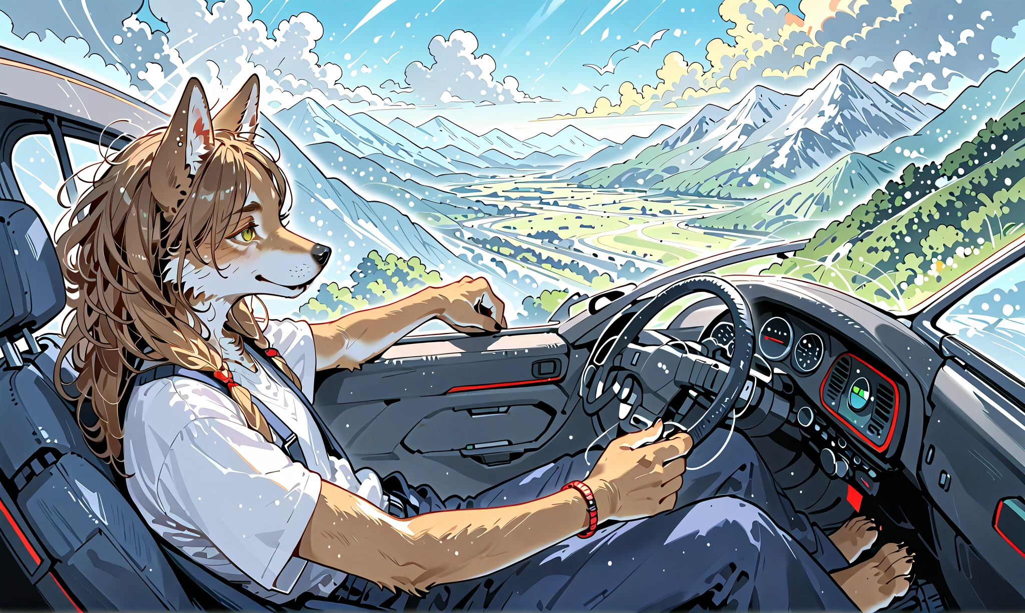 (couple of wolfves:1.3).1boy\((wolf:1.4),(kemono),(furry),(old:1.3),(driving convertible car)\),1girl\((wolf:1.4),(kemono),(furry),breast\),.dynamic angle,dynamic blur,dynamic car action. score_9, score_8_up, score_7_up, score_6_up, score_5_up, score_4_up, source_anime,source_furry,rating_safe,rating_questionable,masterpiece, best quality, perfect anatomy , very aesthetic , absurdres,landscape