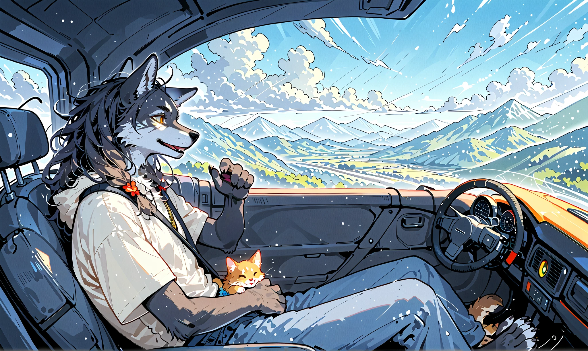 (couple of wolfves:1.3).1boy\((wolf:1.4),(kemono),(furry),(old:1.3),(driving convertible car)\),1girl\((wolf:1.4),(kemono),(furry),breast\),.dynamic angle,dynamic blur,dynamic car action. score_9, score_8_up, score_7_up, score_6_up, score_5_up, score_4_up, source_anime,source_furry,rating_safe,rating_questionable,masterpiece, best quality, perfect anatomy , very aesthetic , absurdres,landscape