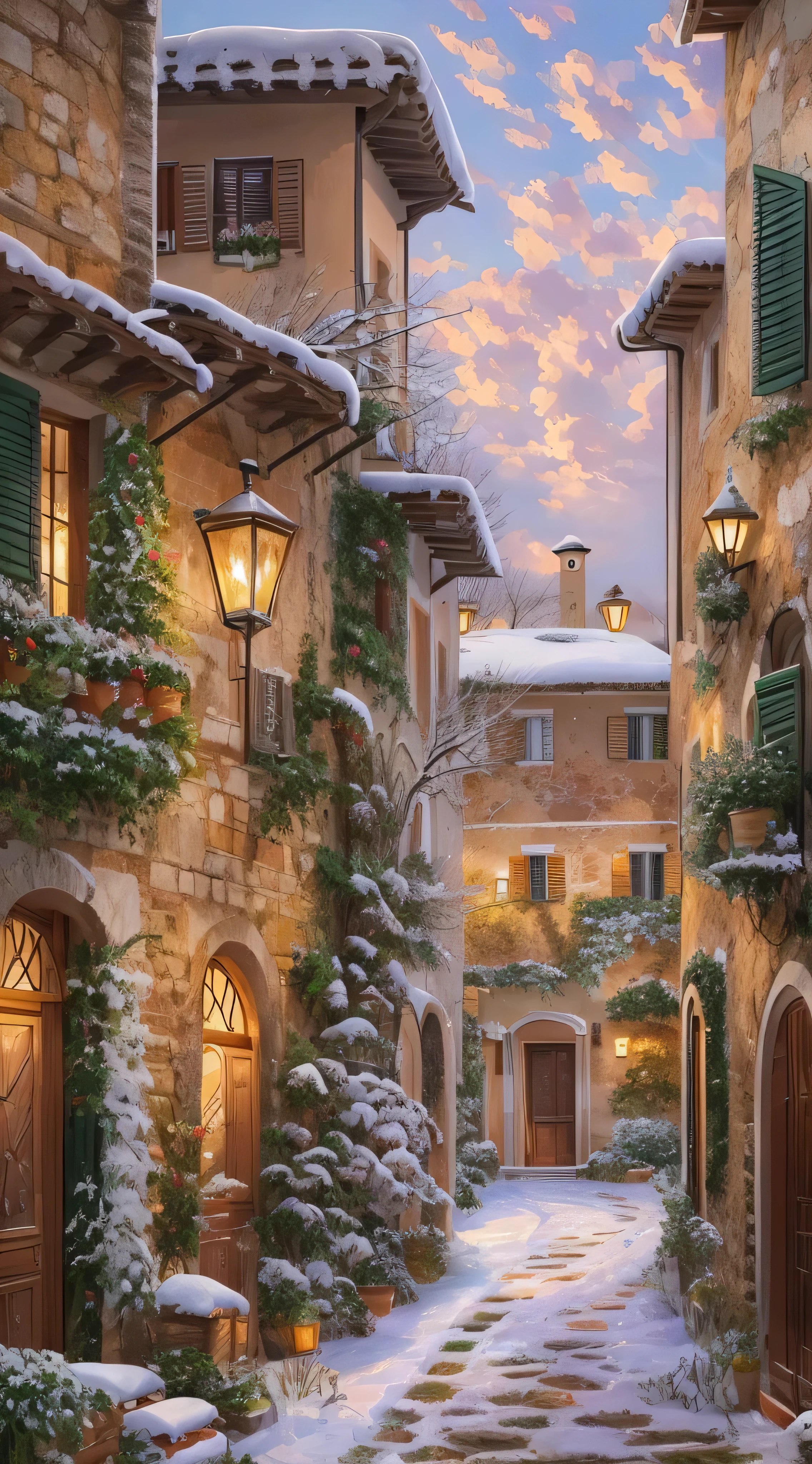 With high definition images，beautiful oil painting village, Villa Bella,  Italy, Milan in winter。