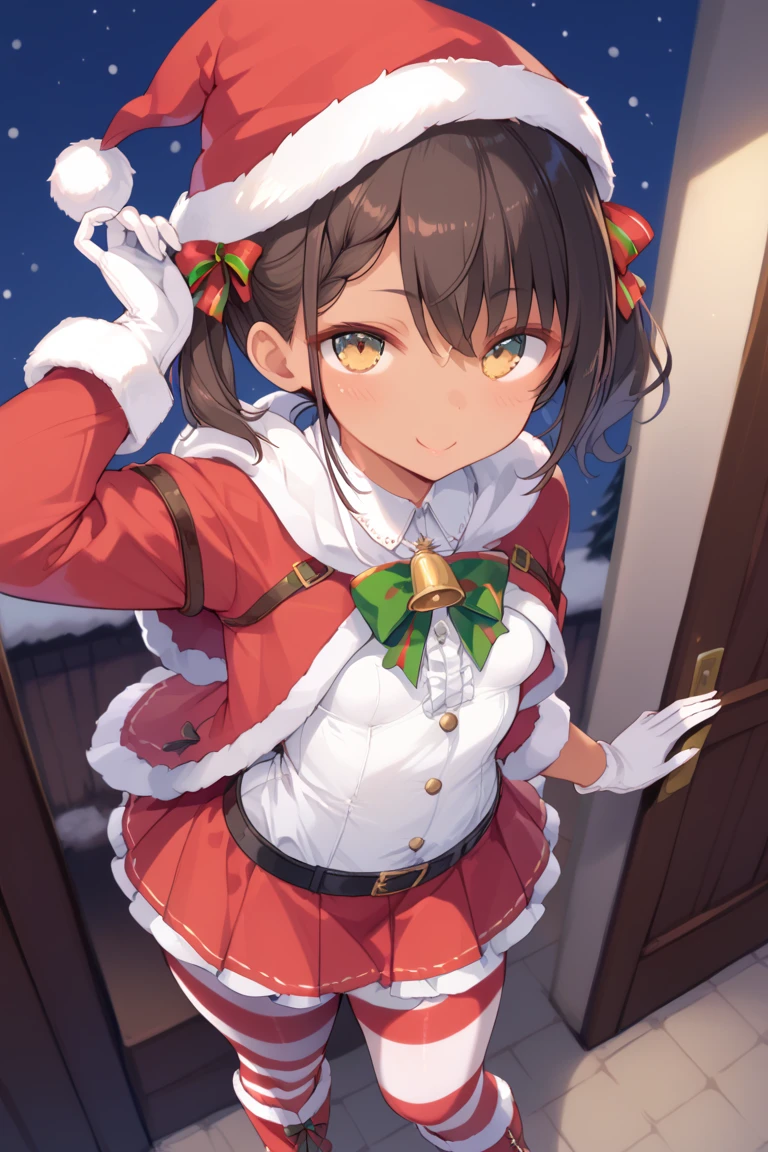 A girl, Look of happiness ,  brown hair, standing,  front view ,  from above,  short hair with two small short pigtails ,   golden eyes ,  small breasts ,  thick thighs,  tanned skin, wearing a loose-fitting dress, wearing a Christmas hooded poncho , wearing a Christmas hat , wearing a bulging skirt ,  underneath wearing white and red striped pantyhose, wearing long white gloves , with boots