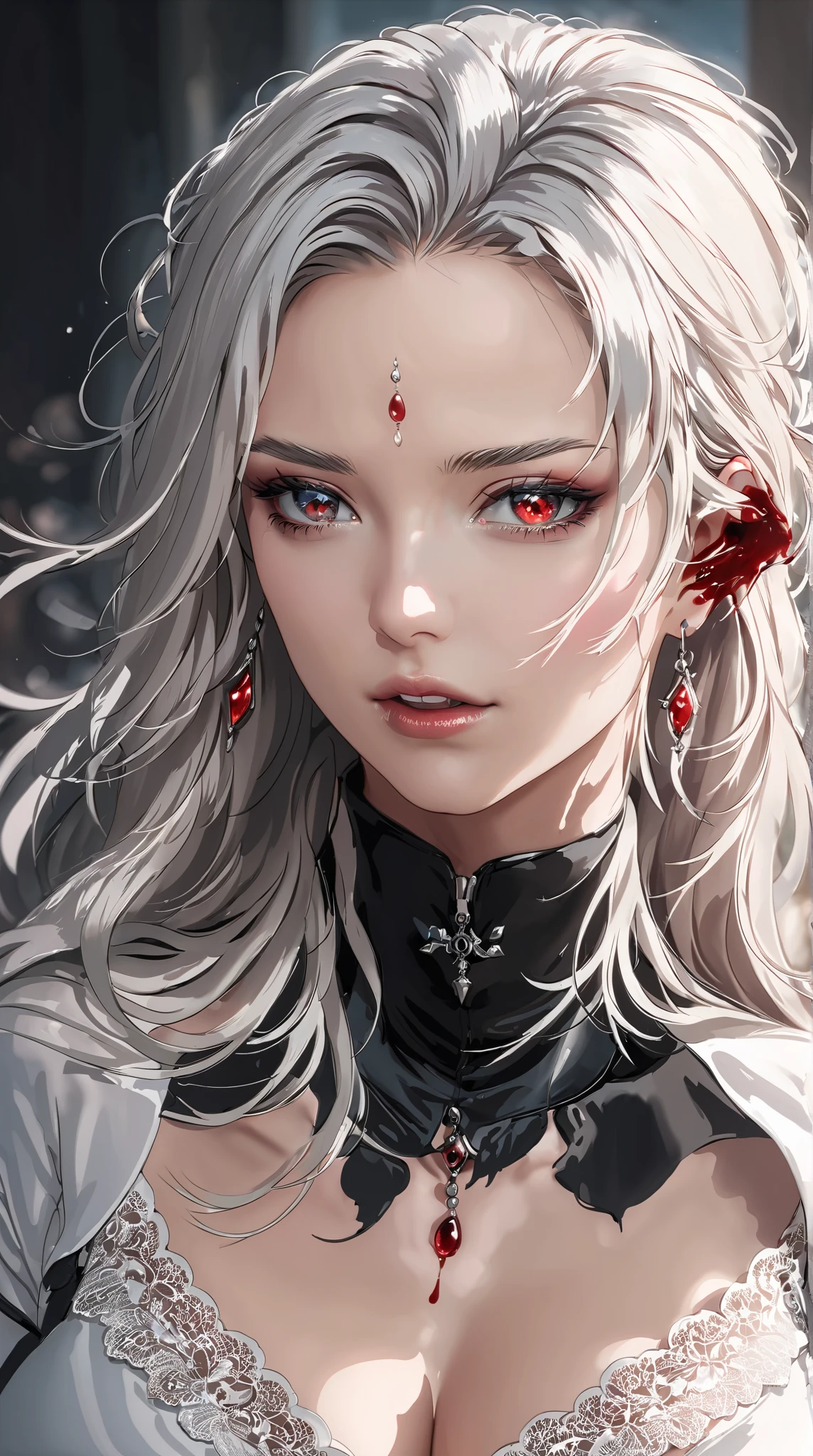 beautiful detailed eyes, beautiful detailed lips, extremely detailed eyes and face, long eyelashes, 1 girl, blood, solo, breasts, blood on face, jewelry, red eyes, cleavage, medium breasts, necklace, lips, blood splatter, realistic, upper body, petals, long hair, red lips, blood on clothes, white hair, rose petals, (best quality,4k,8k,highres,masterpiece:1.2),ultra-detailed,(realistic,photorealistic,photo-realistic:1.37),vivid colors,portrait,horror,dark fantasy