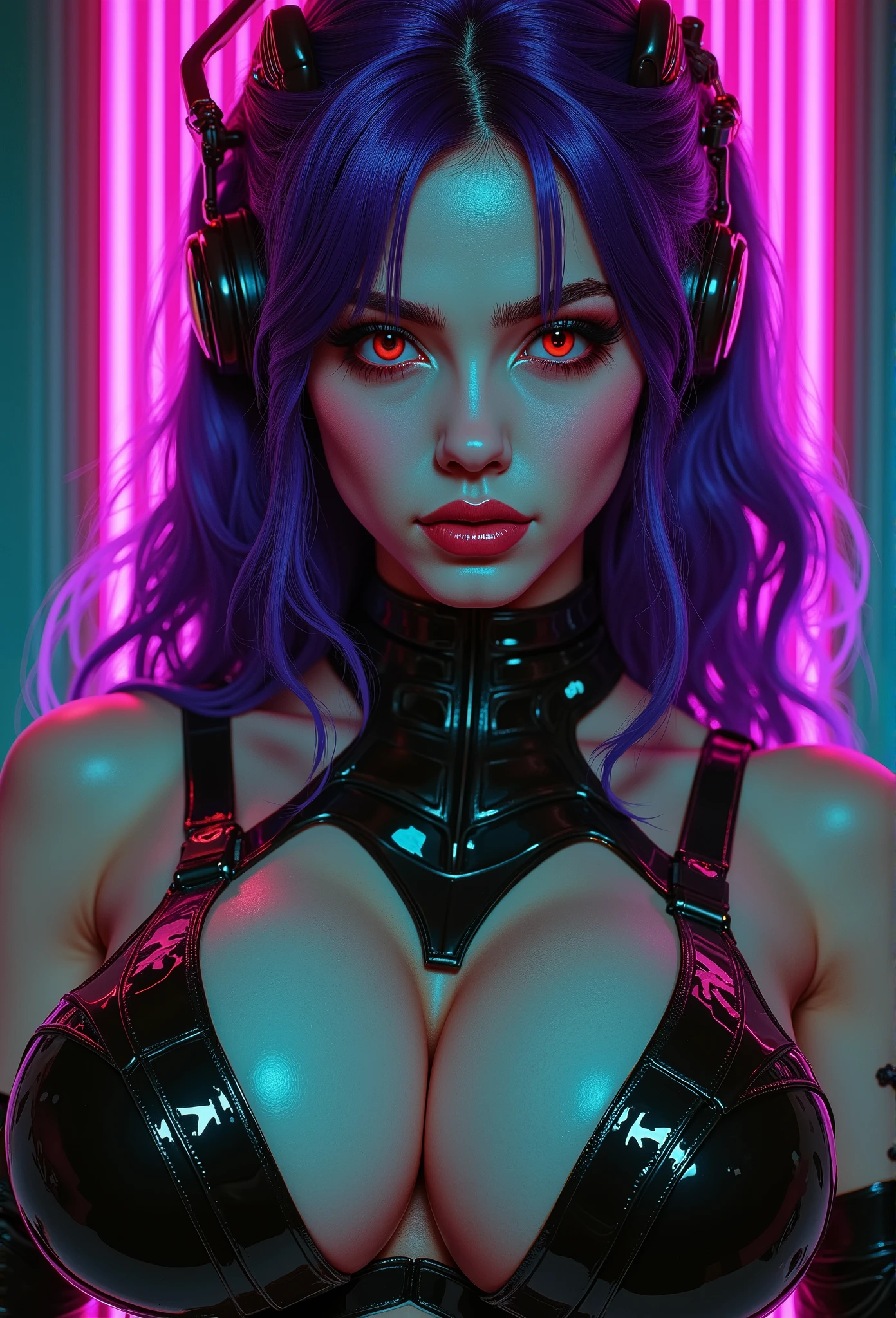 (( top quality)), ((masterpiece)), (  Details),  Cyberpunk Mecha Girl's Perfect Face, Neon red eyes, neon green body, Neon Purple Hair, ((Monochrome fluorescent red, green, Purple color palette)),(Middle-aged women), Standing ,(Front:1.6),(  attractive woman),( beautiful woman),Captain Spaceship ,(A   Details face:2.0),( detailed skin:1.3),(Attractive figure:2.0),break(Super functional:2.0),(super functional:2.0),( super sexy makeup :2.0),( chubby:1.6),( super big breasts:2.0), staring at the camera ,(Star Trek Style:2.0),(Sexy Retrofuture :2.0), king bang ,(Front:2.0),( Cowboy Shots:2.0),( Vector Art :2.0)