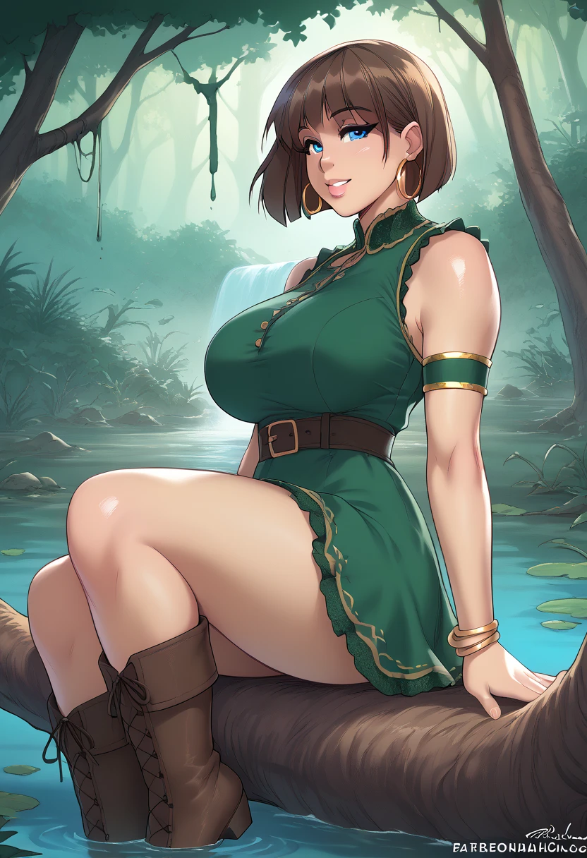 score_9, score_8_up, score_7_up, source_anime, 1woman, mature, human female, human, detailed face, jawline, smooth skin, beige skin, beautiful eyes, blue eyes, brunette, big breasts, bob cut hair, frilly black green dress, knee length skirt, knee high boots, detached feather armbands, bangles, large hoop earrings, sitting in a tree, swamp, melkormancin-dh
