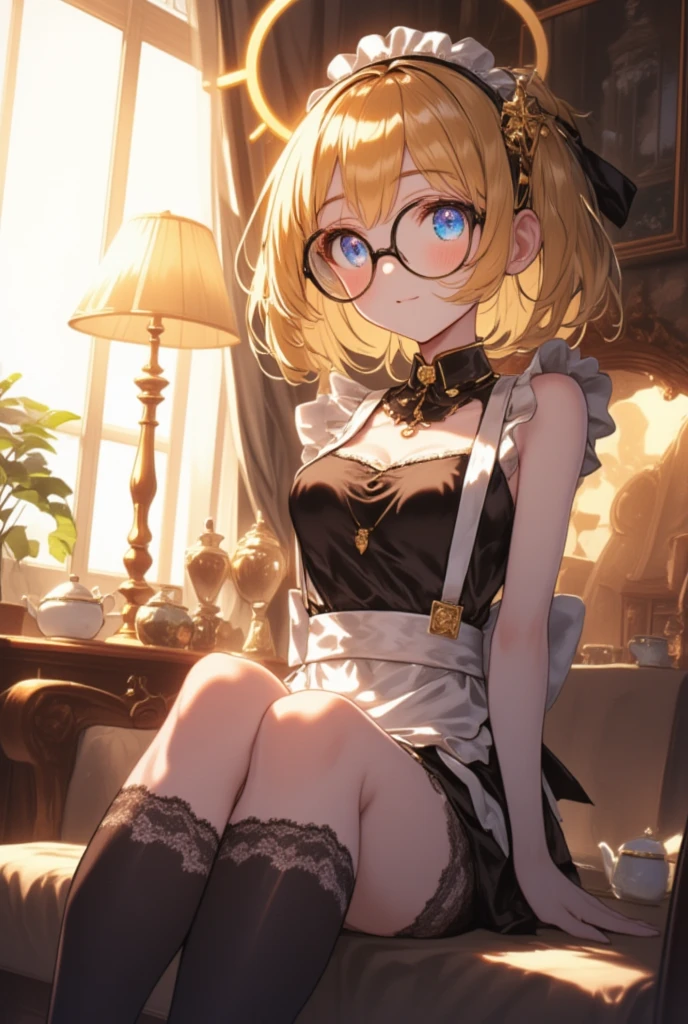 Slim woman wearing glasses、Show your underwear、Sheer lace underwear、Long maid outfit、Mami Tomoe、smile、Bedroom、Are standing